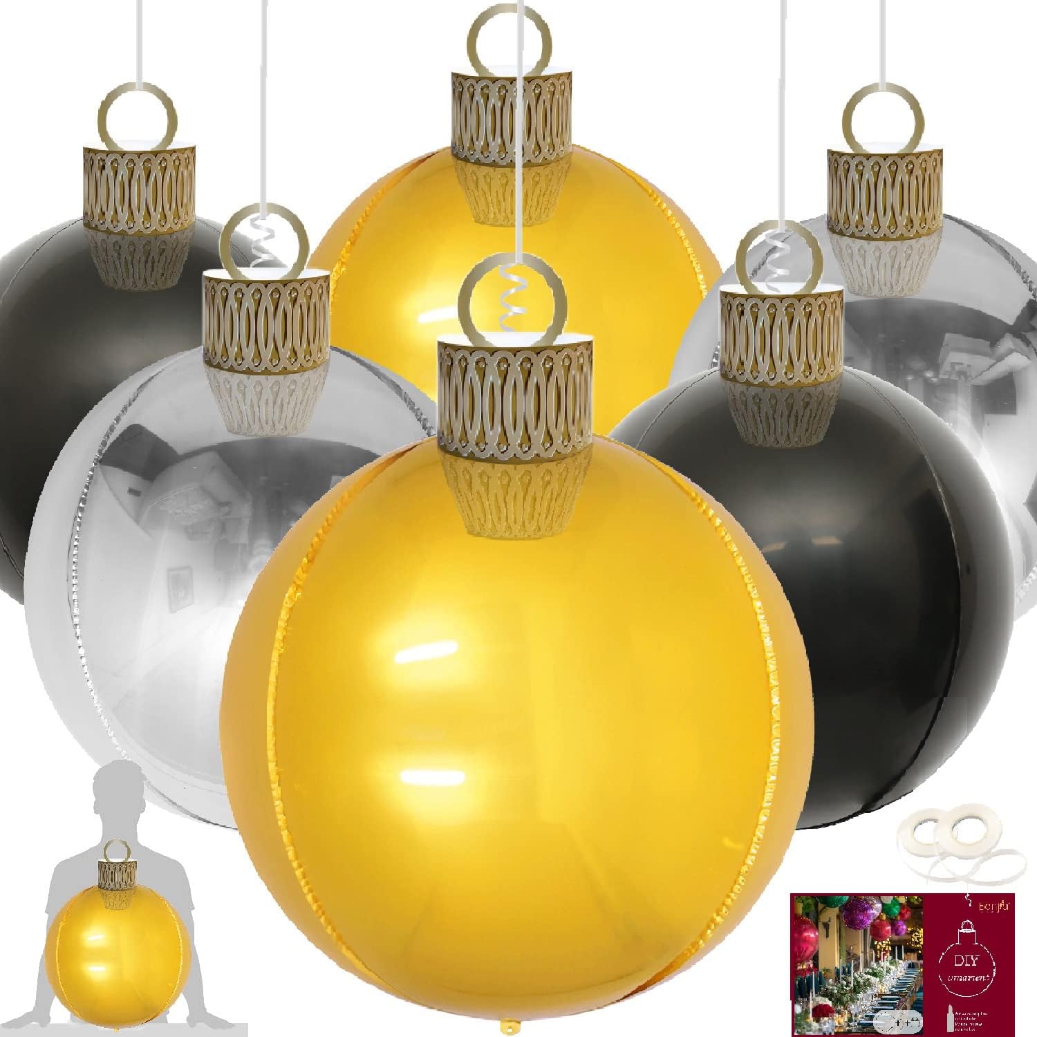 EanjiaXXL 30in Christmas Ornaments 6 Count 76cm x 50cm Foil Balloon Christmas Bauble - Balloon Ball Hanging Ornaments for Holiday Indoor Window Display Xmas Tree Decoration (Gold/Silver/Black)