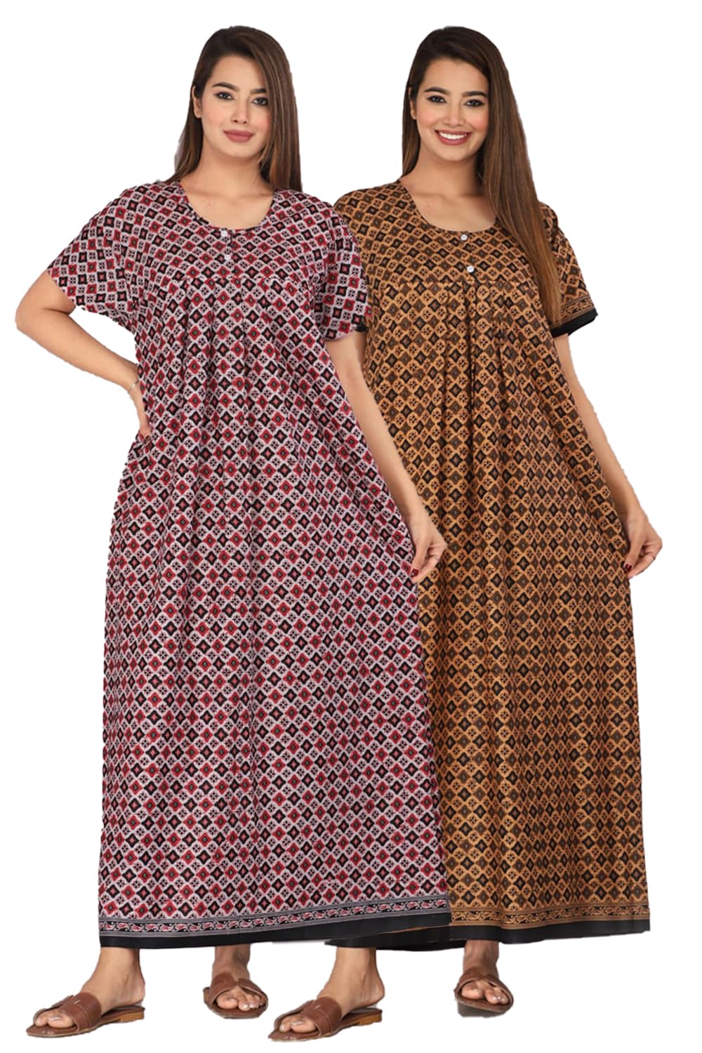 Nighty for Women Cotton Combo (Pack of 2) Nighty Gown Round Neck Short Sleeves Jaipuri Maxi Gown Printed Free Size