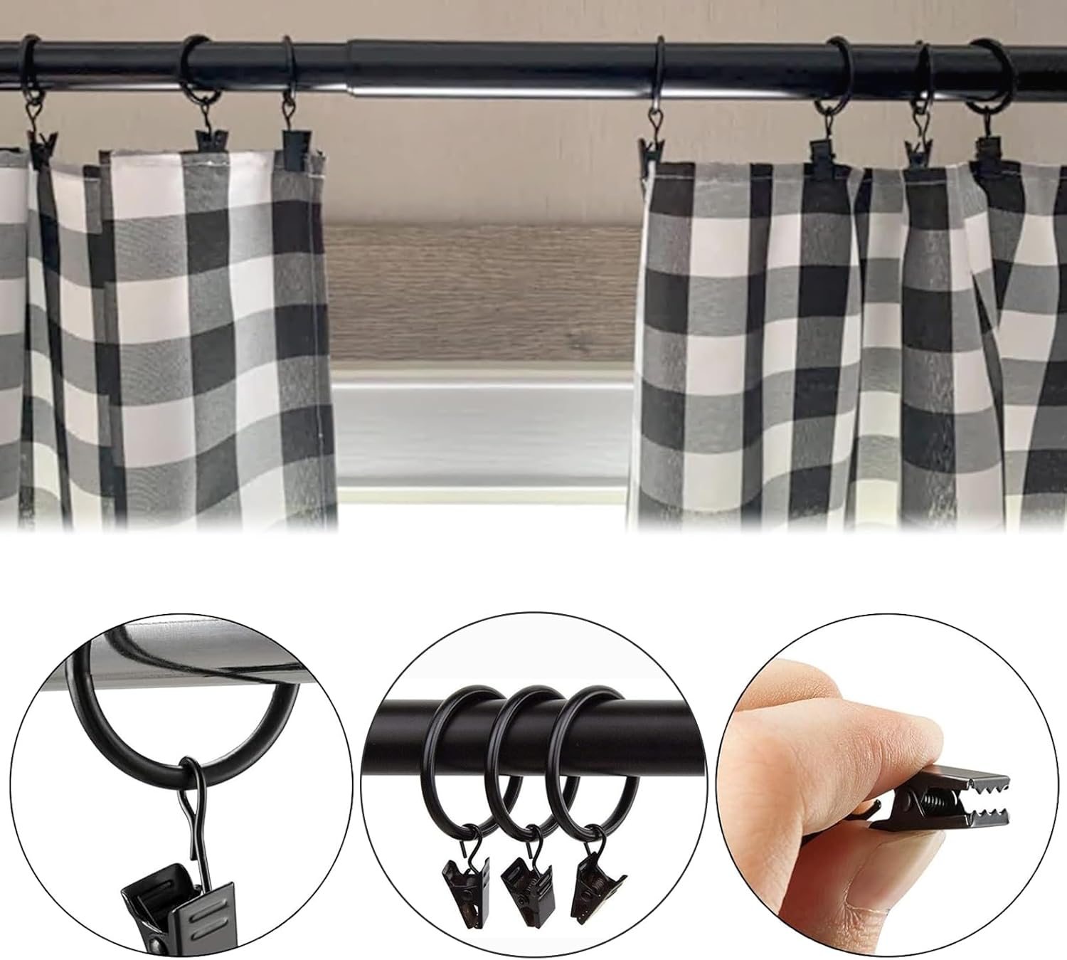 Curtain Rings with Clips,1-1/4 Inch Inner Diameter,Fits Up to 1 Inch Rod, Black