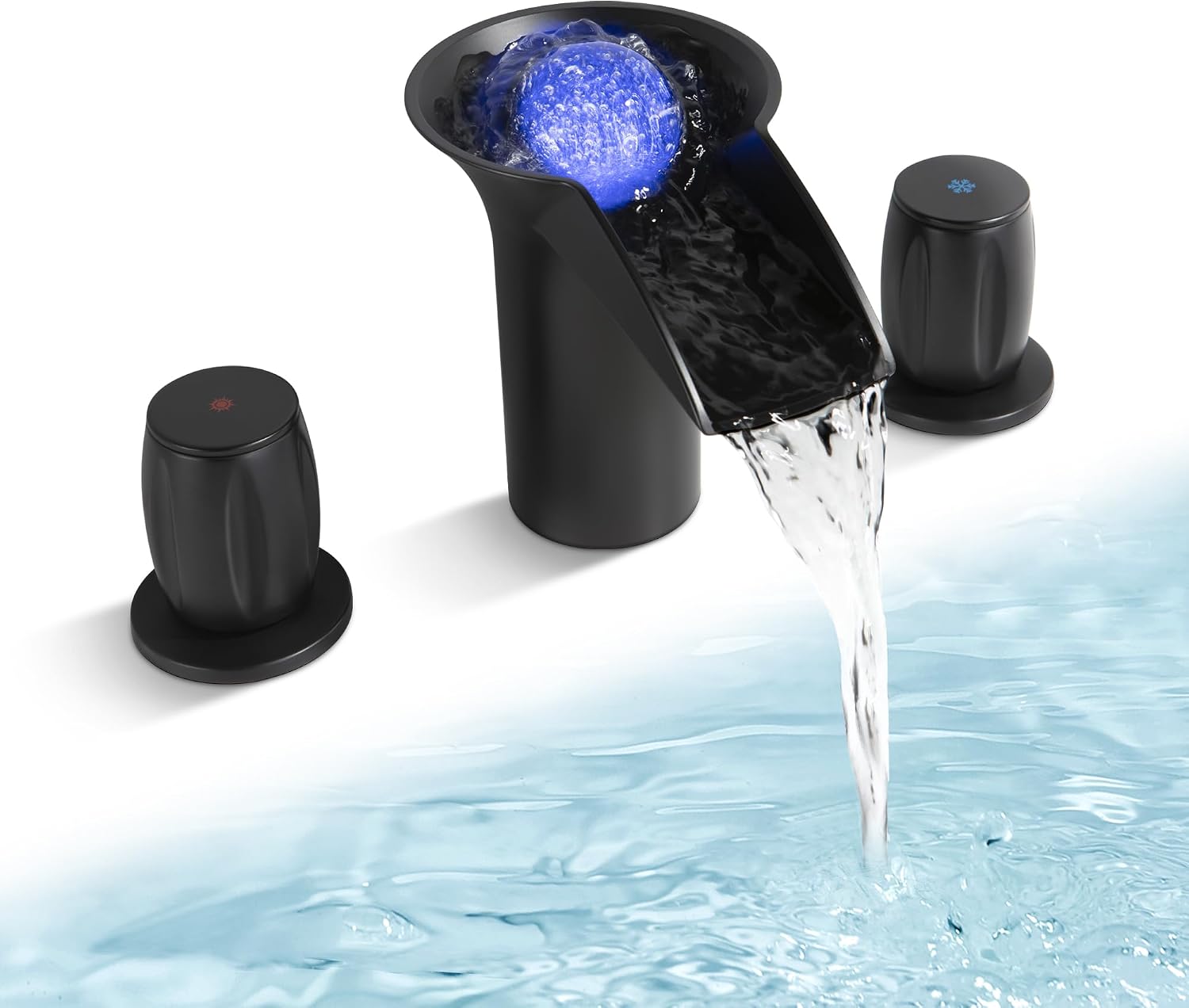 LED Waterfall Bathroom Faucets 3 Hole 8 Inch Widespread Bathroom Sink Faucet with Light and Ball, Modern 2 Handle Vanity Faucet, Matte Black