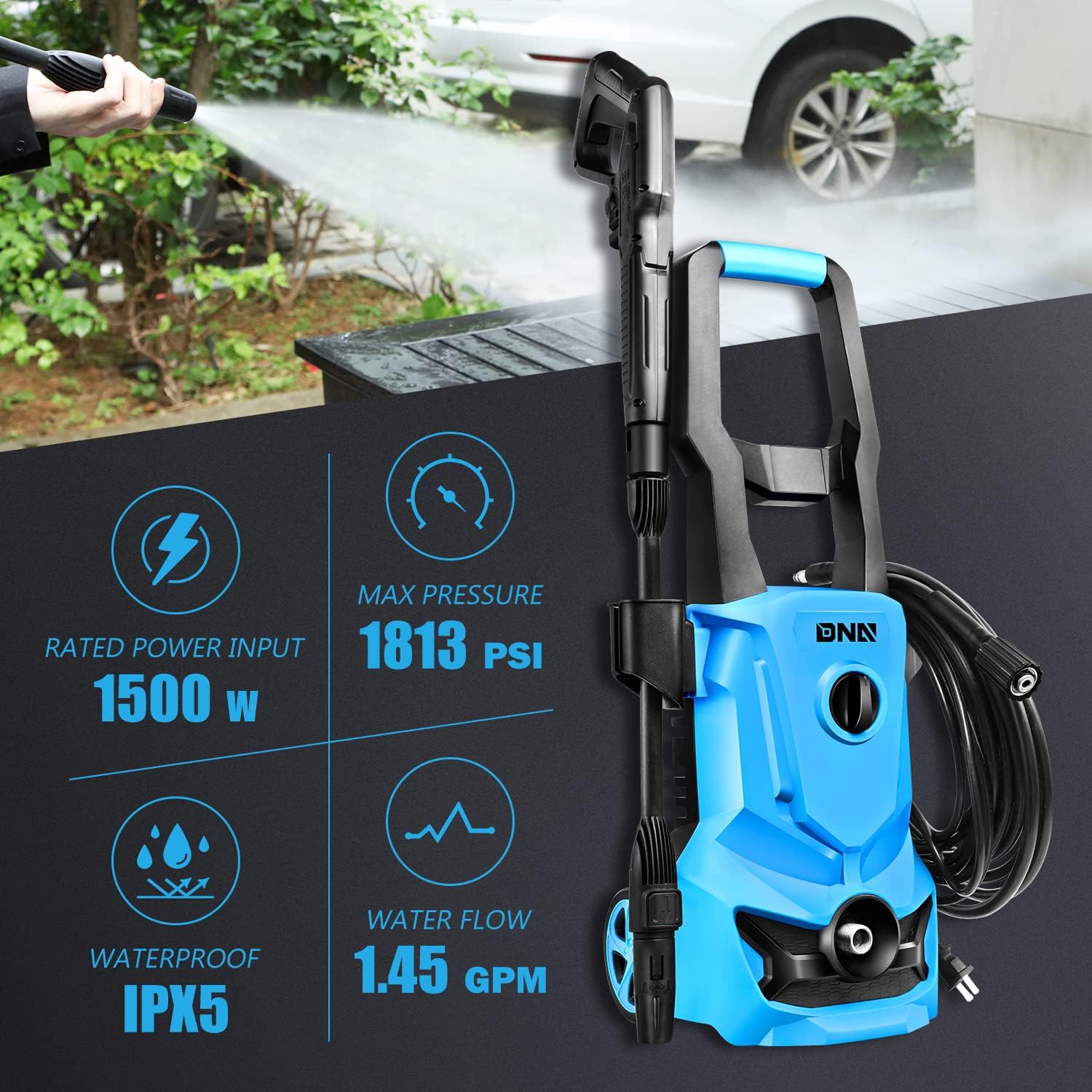 DNA Motoring TOOLS-00227 Up to 1813 PSI 1.45 GPM IPX5 1500W Electric Pressure Washer Car Wash Machine with Adjustable Nozzle Spray Soap Bottle, for Yard Car Driveway Patio Deck Cleaning (Blue)