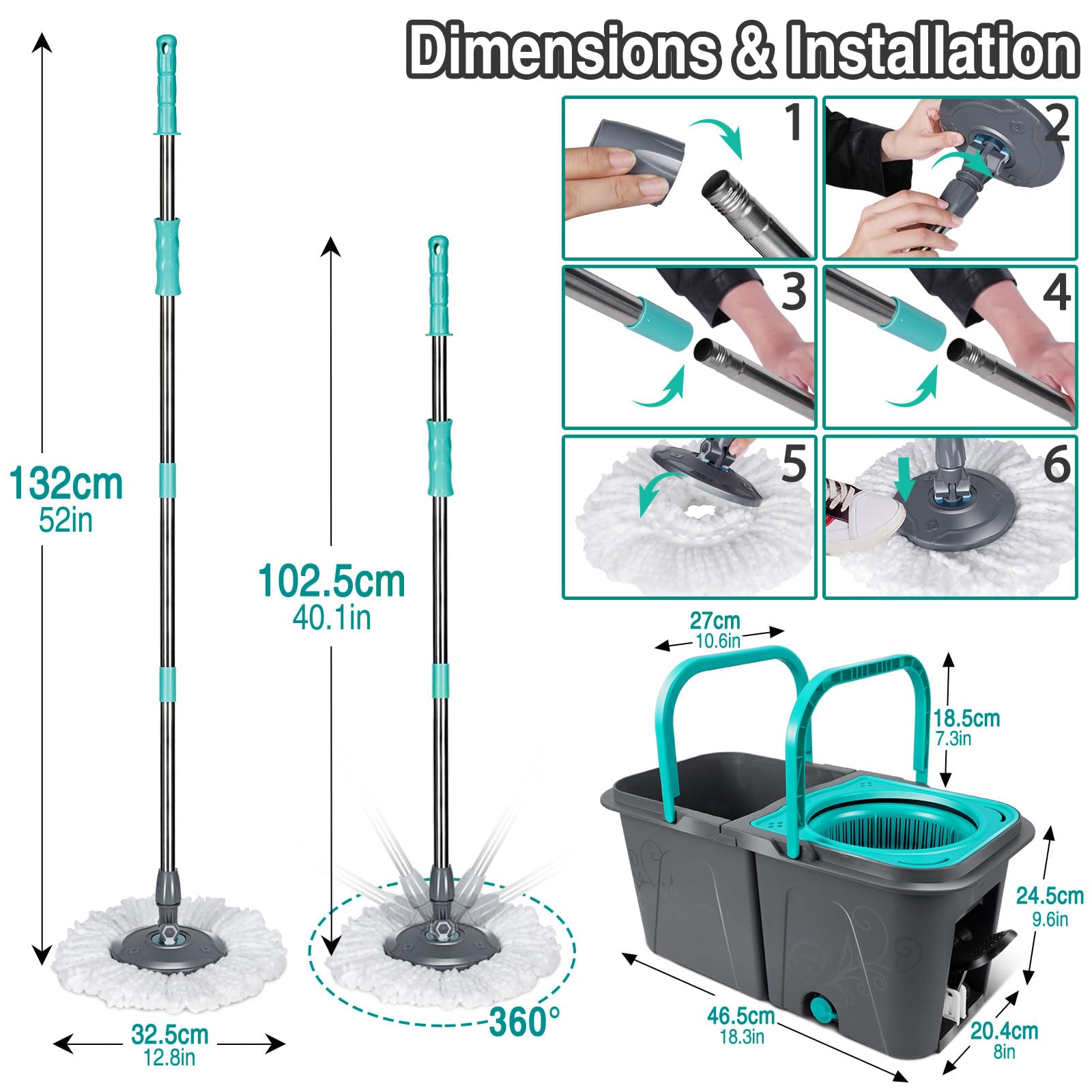 MASTERTOP Balai à Franges et Seau Essoreur à Pédale, Seau Empilable de 2 Bacs à l'eau Sale Séparée, Serpillière Rotative 360° avec Manche Téléscopique et 6 Tampons Microfibre