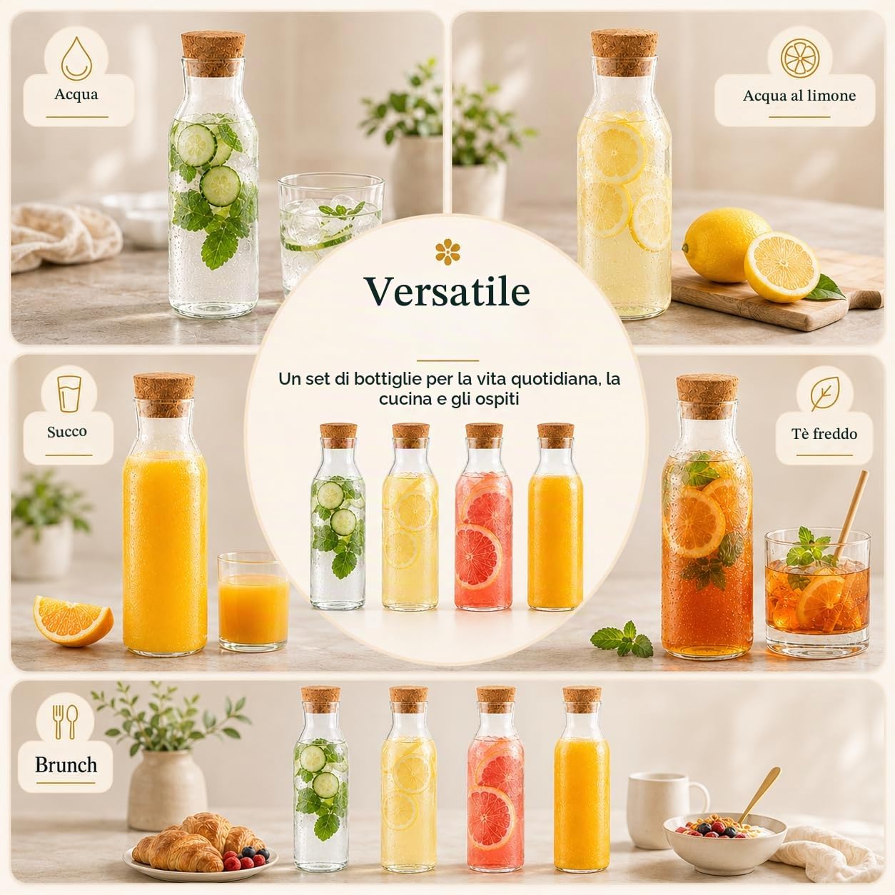 YAYODS 4 caraffa per acqua con tappo in sughero – caraffa in vetro da 1,2 litri – caraffa in vetro con coperchio per acqua frizzante, frutta, succhi di frutta, ristoranti, feste, matrimoni, compleanni