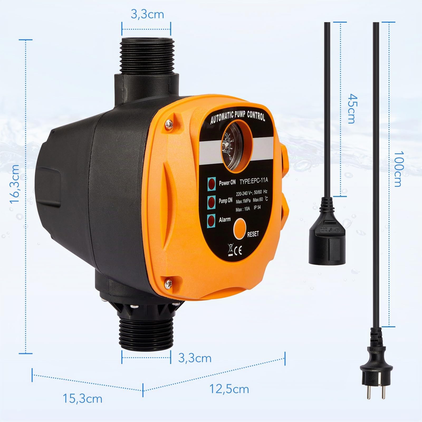 Pressostato Autoclave, Regolatore di Pressione Acqua Max. 10 bar, Press Control Autoclave Impermeabile IP54, Pressostato Pompa Acqua 220-240V con Cavo e Spina, per Casa, Cortile, Giardino