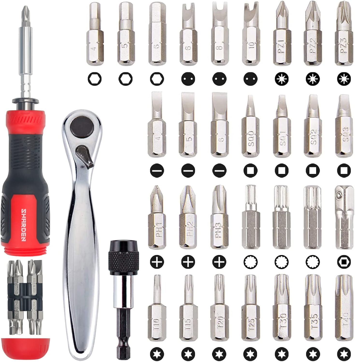 SHARDEN Multibit Screwdriver 13-in-1 and 1/4 Mini Ratchet Set 32-in-1 Bundle
