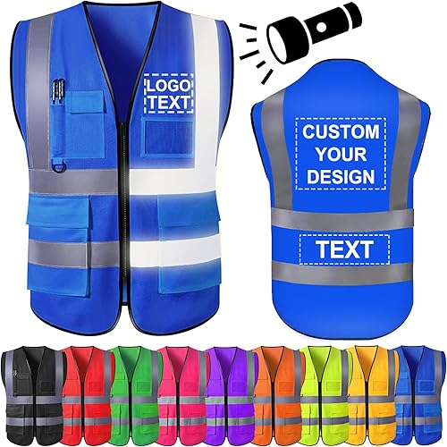 PFTPOW Chaleco de seguridad personalizado para hombre, chaleco personalizado de alta visibilidad, ropa de trabajo con tira reflectante, 5 bolsillos