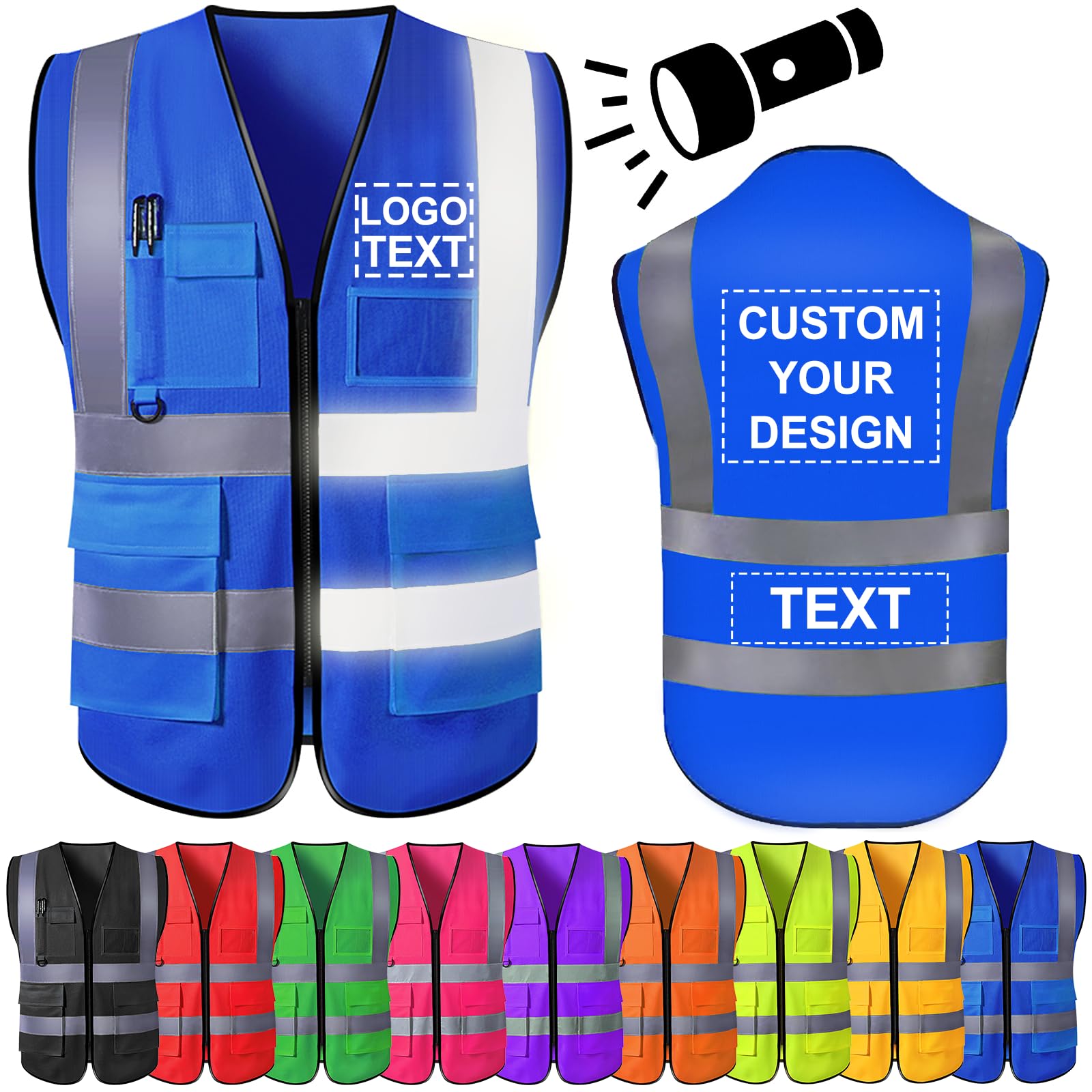 High Visibility Vest Custom Logo Text for Men Personalised Safety Vest Hi Vis Viz Workwear with Reflective Strip 5 Pockets — image 1