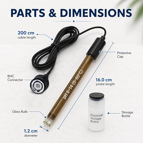 Replacement pH Electrode with Calibration Powder, 0-14 pH Highly Accurate Probe with BNC Connector & 200cm Cable for Continuous Liquid Measurement