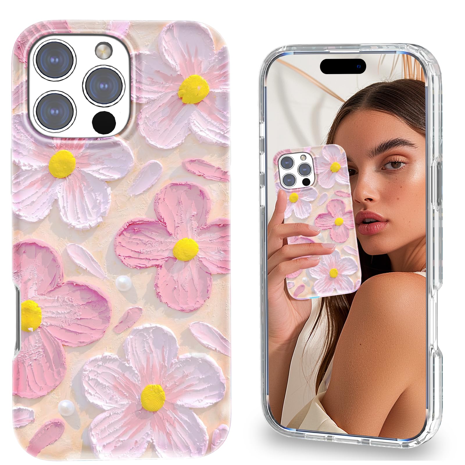 Magnetic for iPhone 16 Case Cute for Women Girls, Compatible with Magsafe,[Drop Protection] with Screen Protector Glitter Slim Colorful Flowers Heart Oil Painting Girly Phone Case for iPhone 16