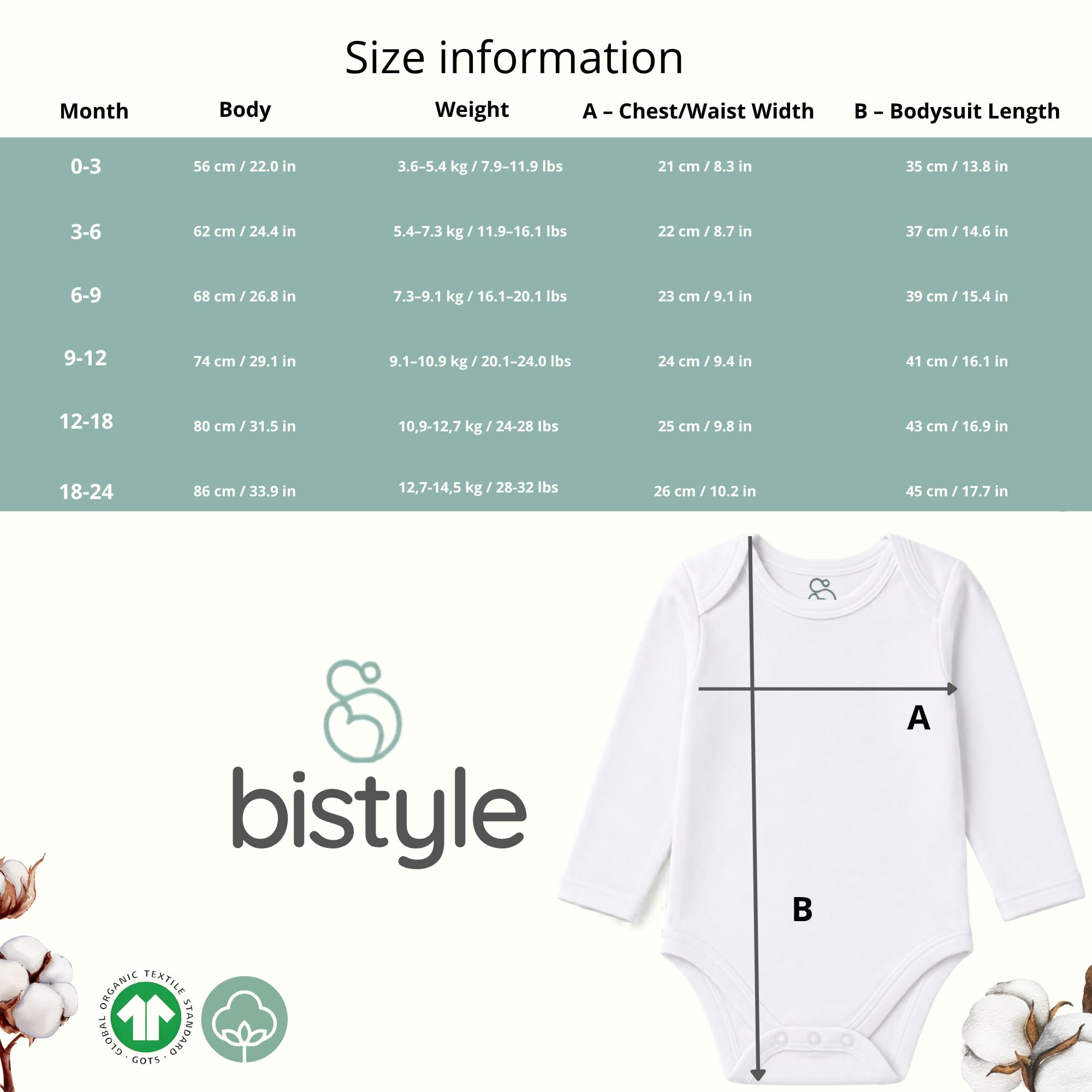 bistyle Pack de 5 bodis de manga larga para bebé, de algodón orgánico, para niños y niñas
