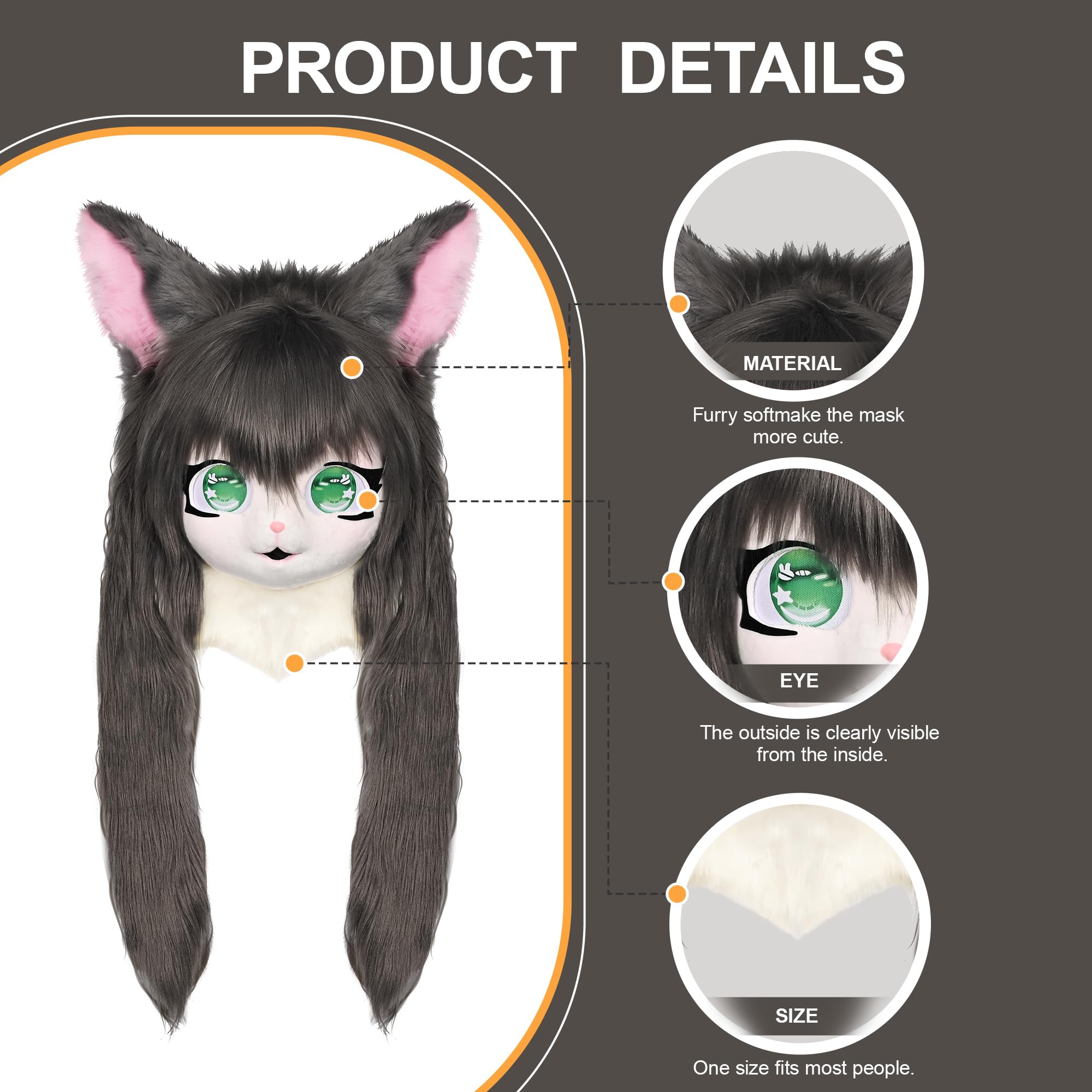 ZFKJERS Cosplay Fursuit Headgear Animal Head Cat Mask Halloween Masquerade Adults Costume Accessories Set (Grey) - Image 2