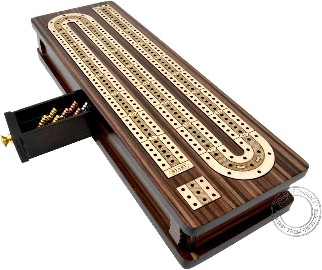 Continuous Cribbage Board/Box Inlaid in Rosewood/Maple 12" - 3 Tracks - Sliding Lid Drawer