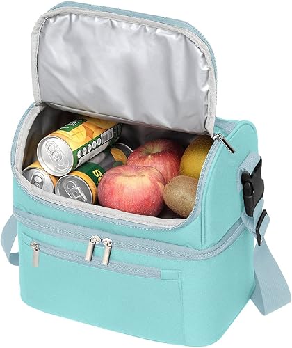 Miniatura 8 de VASCHY Bolsa de almuerzo para mujer, lonchera aislada a prueba de fugas en doble compartimento para hombres, mujeres, 14 latas (turquesa)