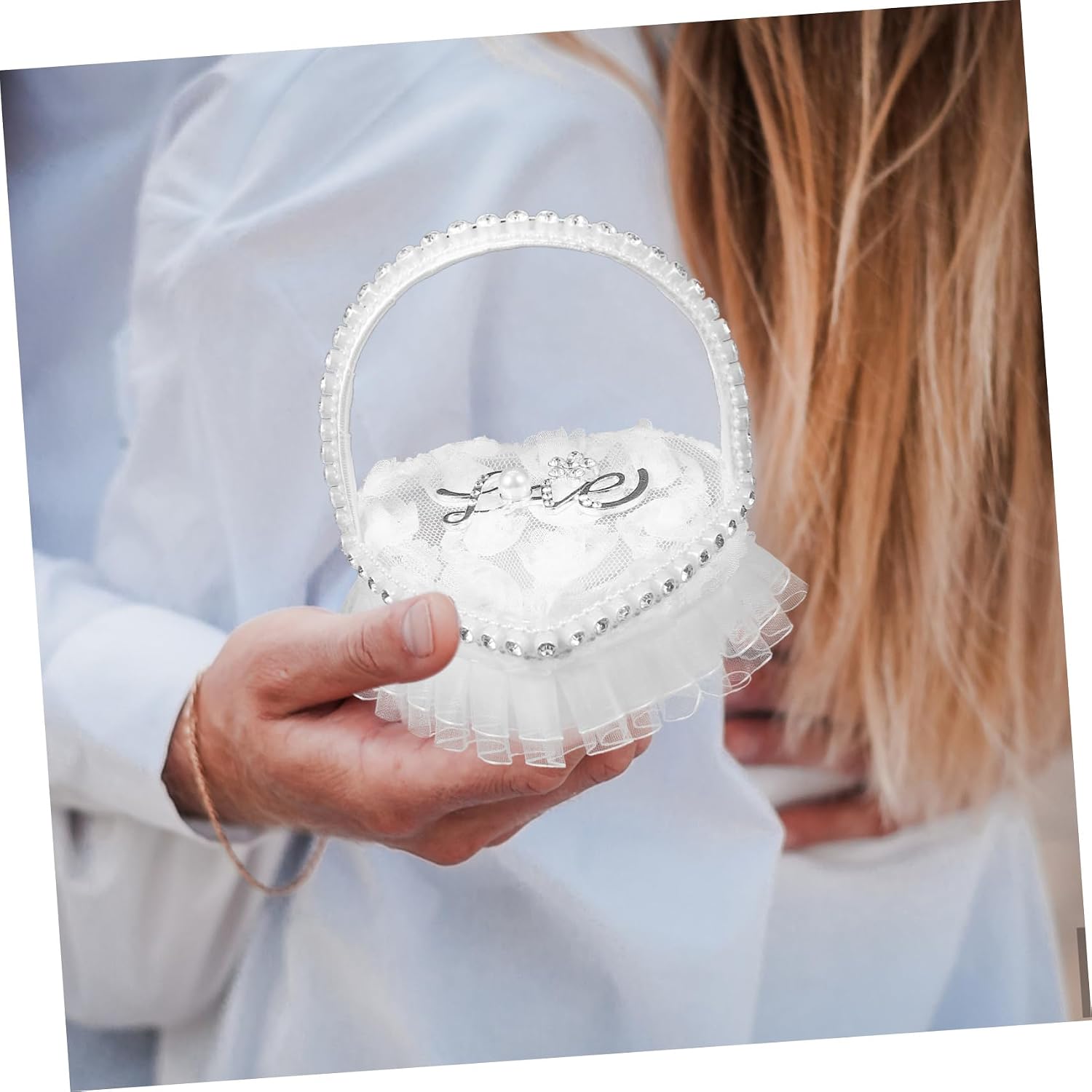Ciieeo Luxury Heart Ring Pillow for Wedding Satin Lace Ring Bearer Pillow Holder for Outdoor/Indoor Events
