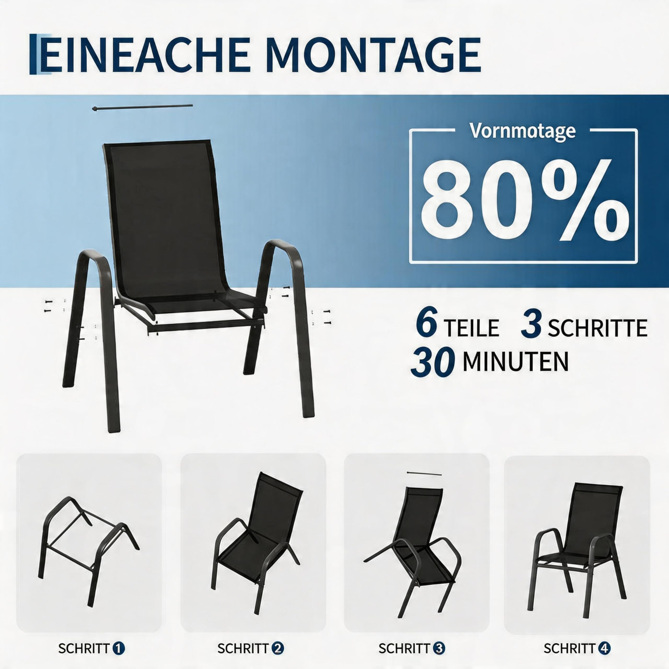 4er Set Stapelbare Gartenstühle, Komfortable Outdoor Hochlehner Aus Metall Mit Atmungsaktivem Textilene, Wetterfest, Rostbeständig, Mit Polsterung Ideal Für Terrasse, Balkon & Garten, Schwarz