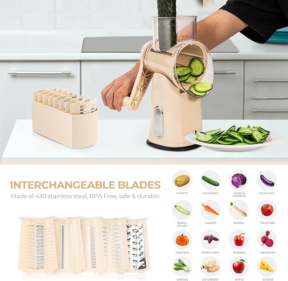 SUSTEAS Rotary Cheese Grater 5 Blades,Kitchen Mandoline Vegetable Slicer | Beige, Easy to Clean, Strong Suction Base, 5 Blades Storage Box, Round Mandoline Slicer & Food Chopper for Salad