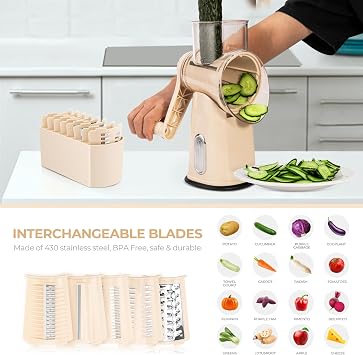 SUSTEAS Rotary Cheese Grater 5 Blades,Kitchen Mandoline Vegetable Slicer | Beige, Easy to Clean, Strong Suction Base, 5 Blades Storage Box, Round Mandoline Slicer & Food Chopper for Salad