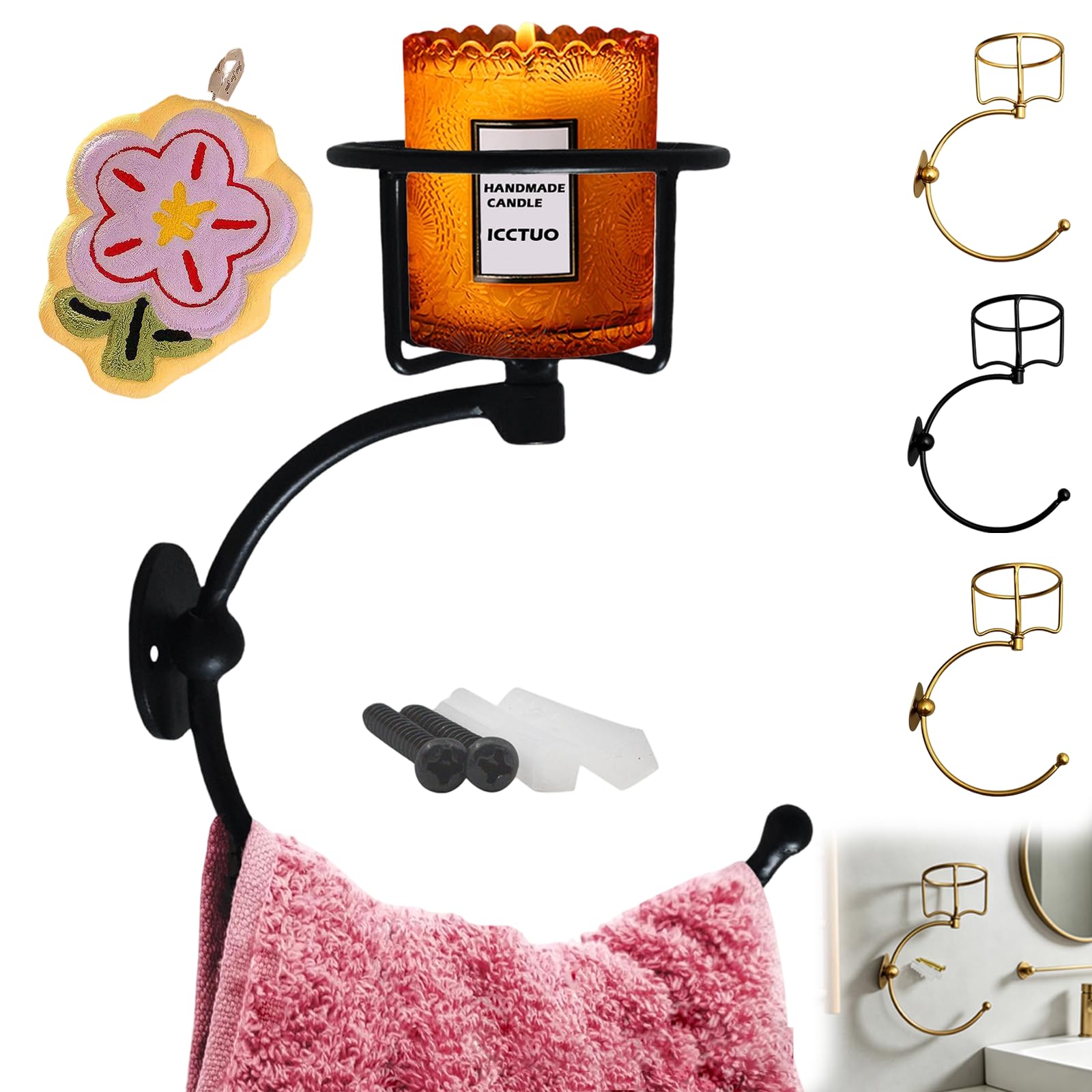 Dawhare 1Pc-Black Hand Towel Holder With Vintage Candle Holder, Rustic Towel Ring With Elegent Candle Holder, Rustic Handtowel Ring For Bathroom, Kitchen, Entryway (1Pc-Black)