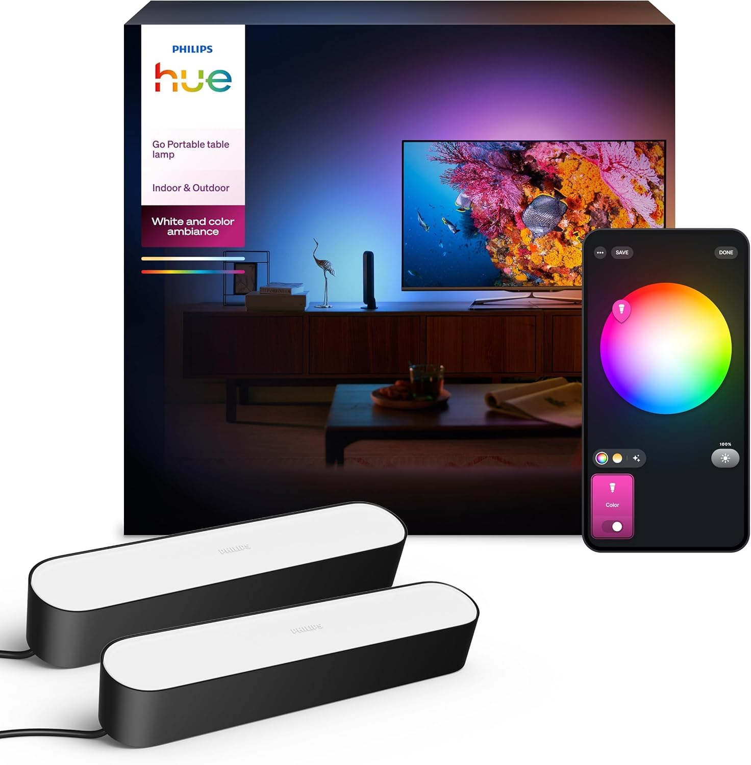 Philips Hue White & Color Ambiance Play Lightbar 2er Pack Basis-Set (500 lm), dimmbare Lichtsäulen mit 16 Mio. Farben zur TV-Hintergrundbeleuchtung, Lichtsteuerung über Sprache oder App, schwarz