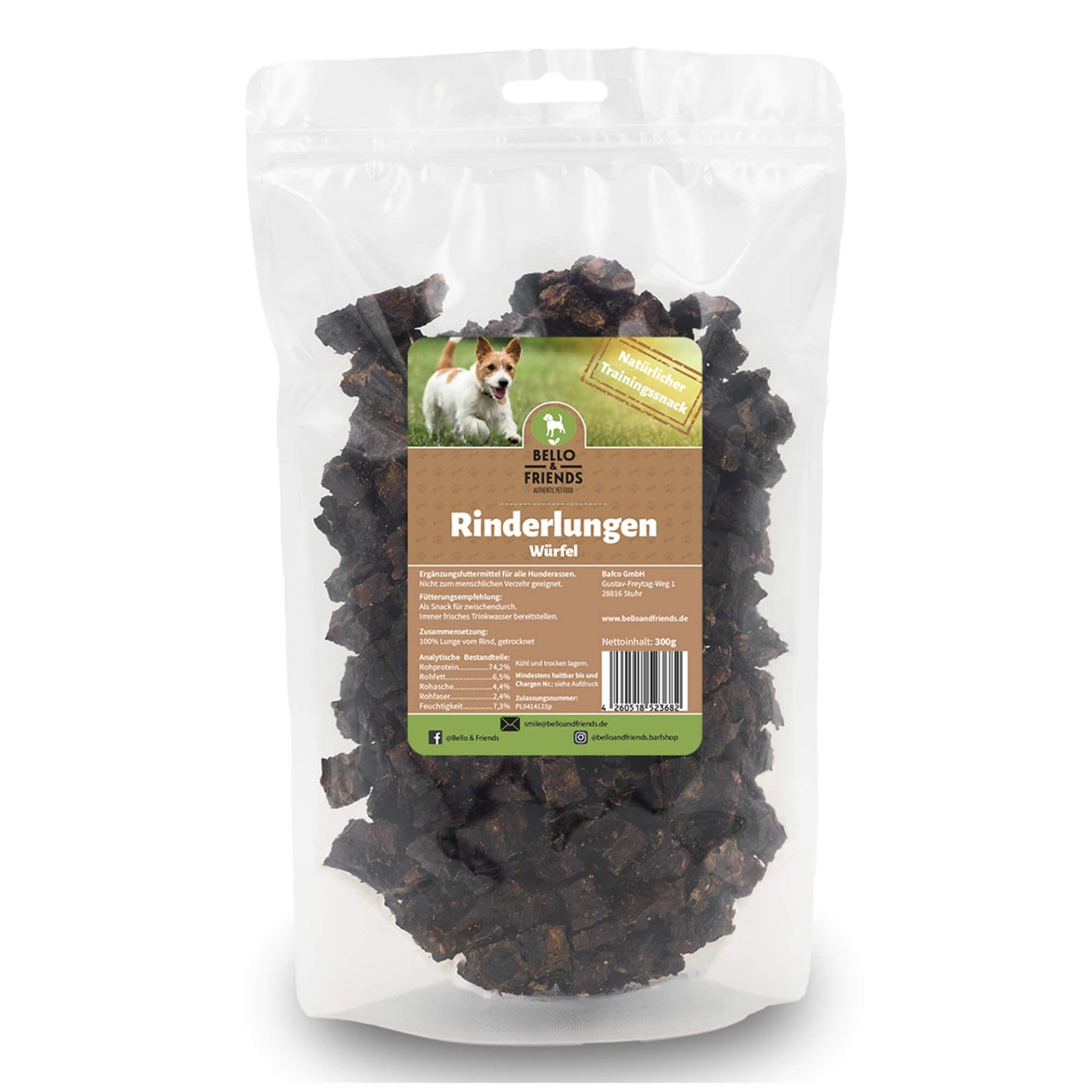 Bello & Friends Rinderlungen Würfel, 5er Pack, 5 x 300g fettarme getrocknete Trainingshappen für Hunde, Snackwürfel