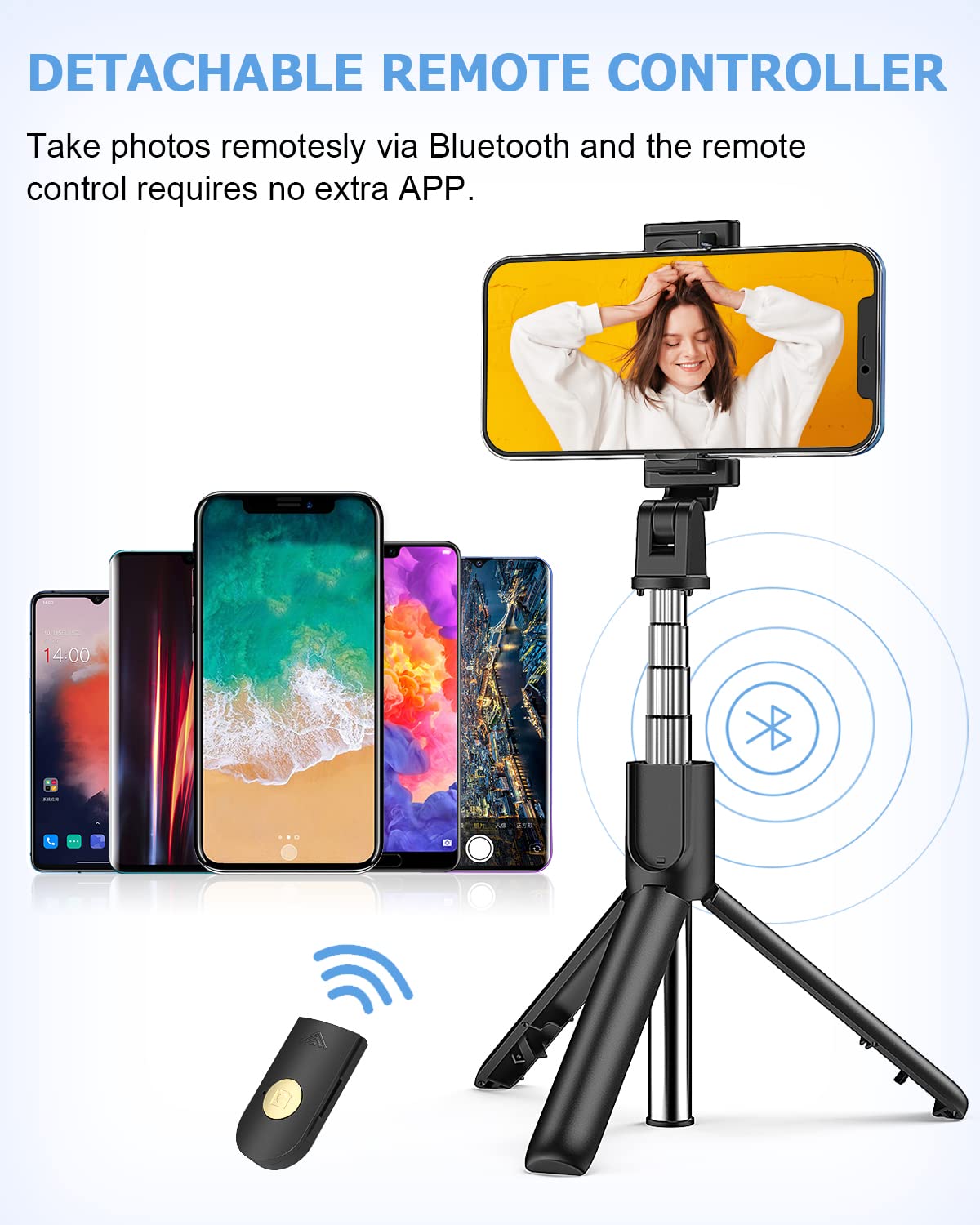 Perche Selfie Bluetooth ONIRIX 3-en-1 - Télescopique, Avec Trépied Et Télécommande - Compatible Tous Smartphones