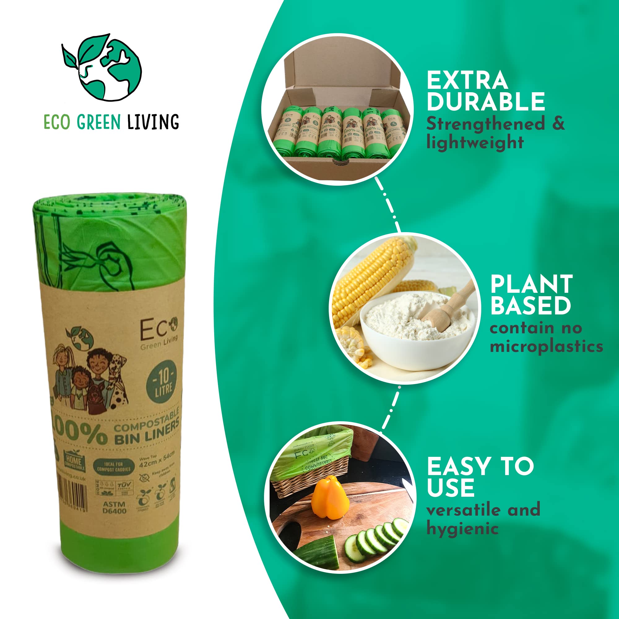 Eco Green Living Bin Liners, Plastic Free, Strong & Leak Proof Food Caddy Bags, Small Bin Bags for Food Waste & Kitchen Caddies,108 Bags, 2.64 Gallons