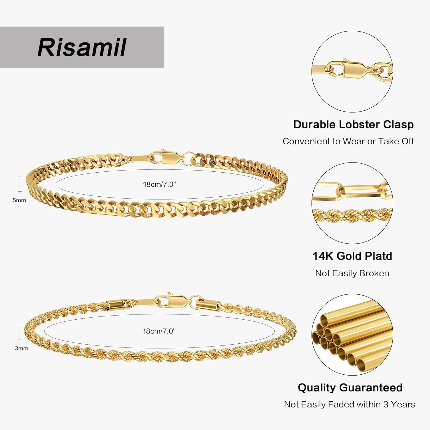 Risamil 14K Gold Plated/Silver Bracelets for Men Layered Cuban Rope Chain Bracelets 3mm/5mm Dainty Bracelets for Mens 6.5-9 Inches Jewelry Gifts - Image 5