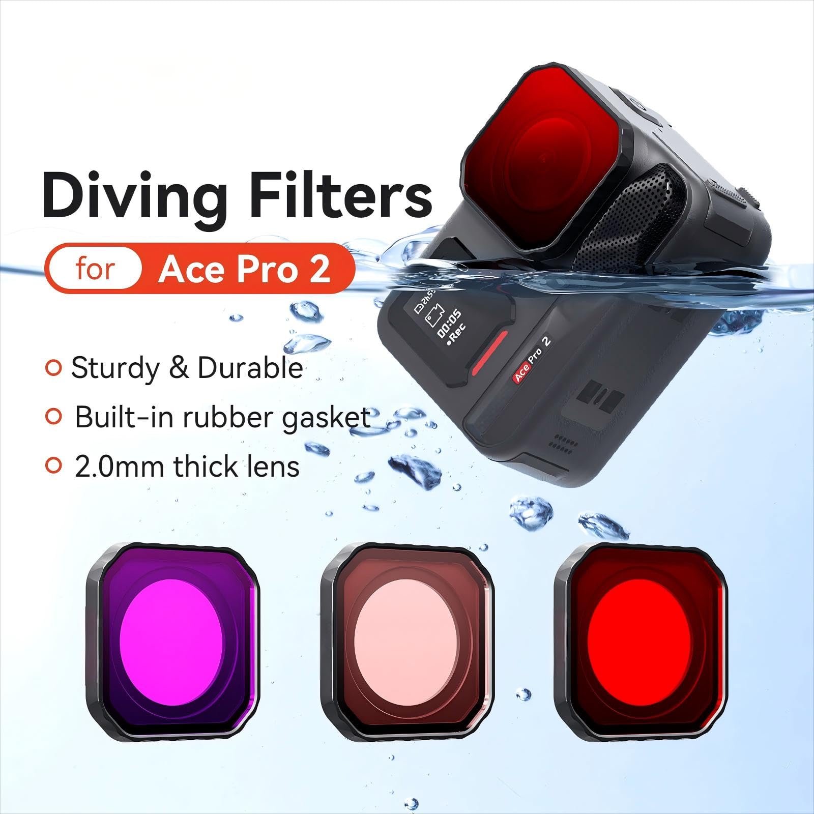 Wasserdichter Tauchfilter, Objektivschutz für Insta360 Ace Pro 2 Sportkamera, Anti-Beschlag-Unterwasser-Objektivschutz, Abdeckungsfilter, Zubehör (rot)