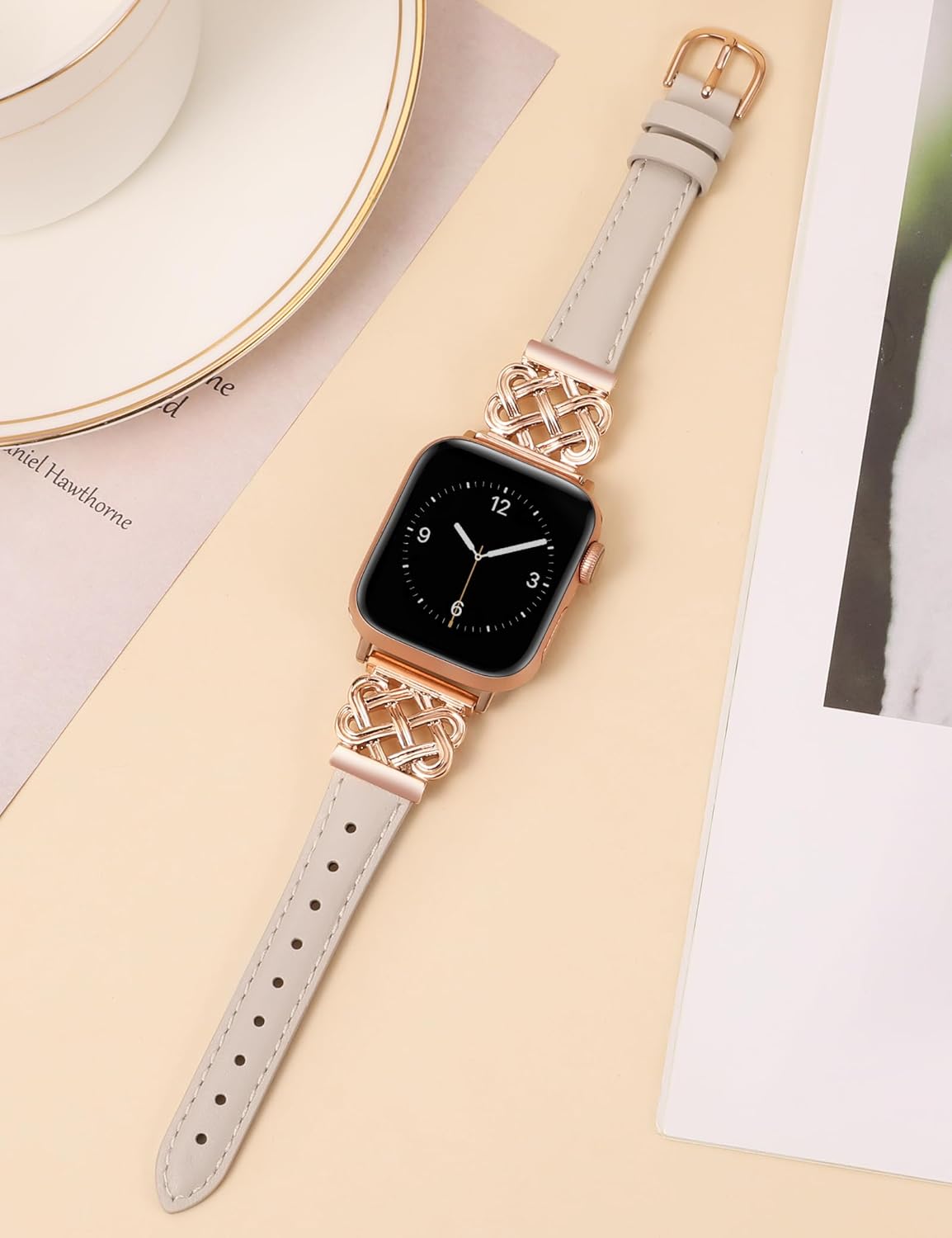 TOYOUTHS Compatible with Apple Watch Bands Women 38/40/41/42mm Dressy Slim Leather Strap with Celtic Knot Interlock Buckle Bracelet for iWatch Series 11 10 9 8 7 6 5 4 SE 3 2 1, Starlight/Rose Gold - Image 2