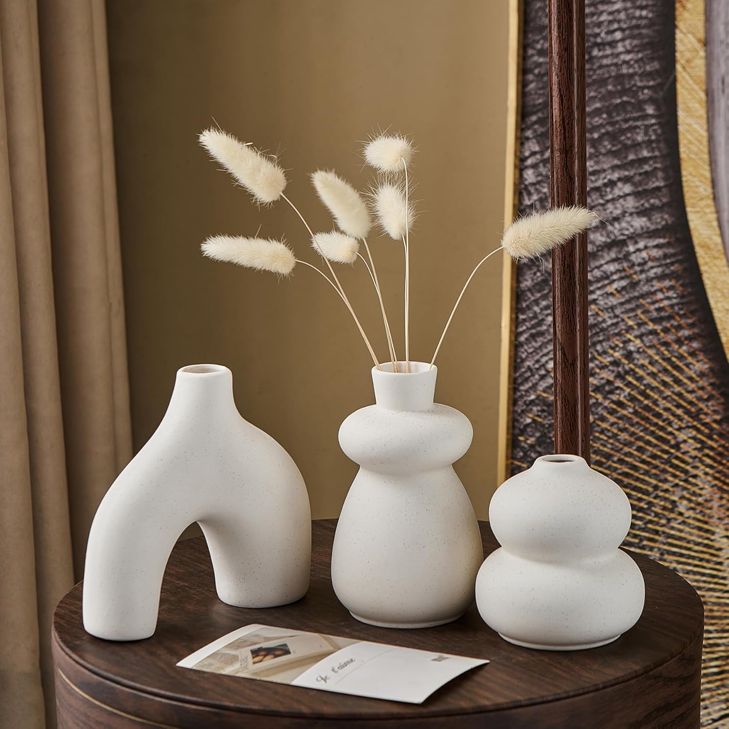 White Ceramic Vase Set of 3 Small Flower Vases for Home Decor, Modern BohoVase for Pampas Grass, Round Decorative Vases Table Centerpieces for Wedding Living Room Shelf Coffee Table (White Vase - B)