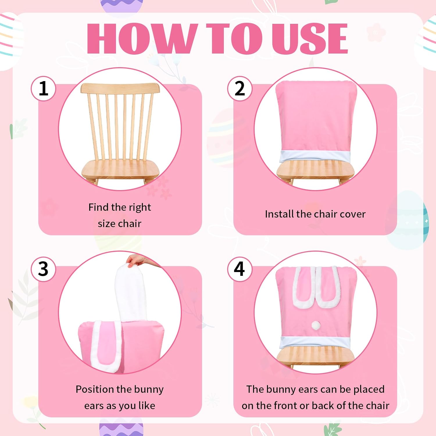 AnyDesign 4 Pcs Easter Bunny Chair Back Covers Dining Chair Slipcovers Pink Rabbit Ear Tail Removable Stretch Seat Protector Covers for Spring Party Home Kitchen Decor