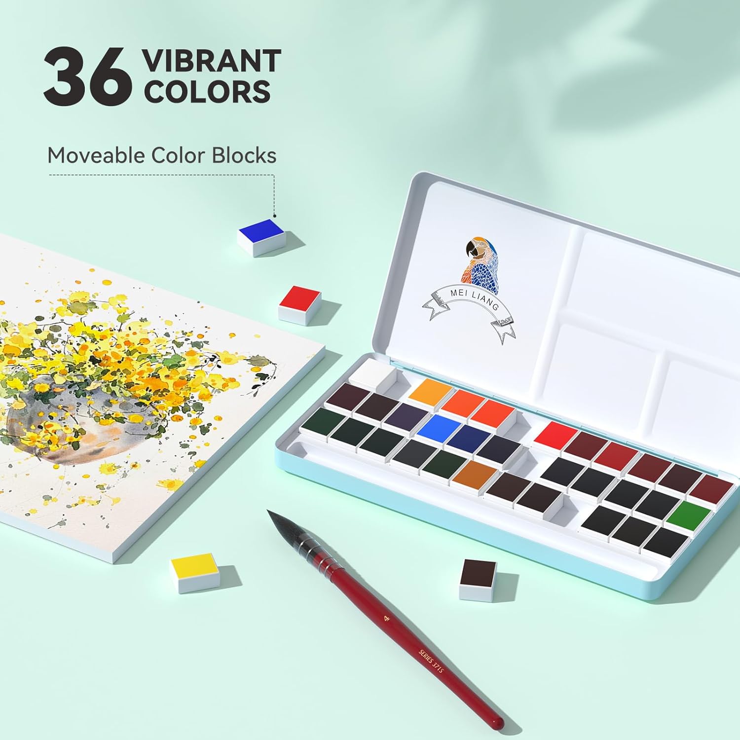 Travel Watercolor Paint Set, Watercolor Set Includes 36 Colors Solid Watercolors + 7.5x7.5 inch 50% Cotton Watercolor Paper(20 Sheets) + 1 Watercolor Brush + Green Handheld Organizer