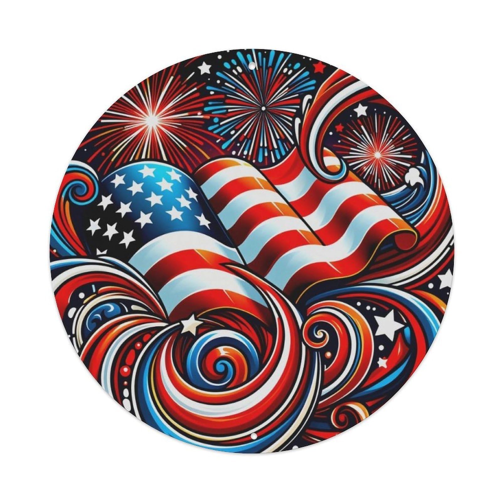 American Flag Fireworks Graffiti Style Round Metal Wall Sign Vintage Aluminium Metal Sign, Retro Wall Decor for Home, Bar, Garage & Farmhouse 20x20cm