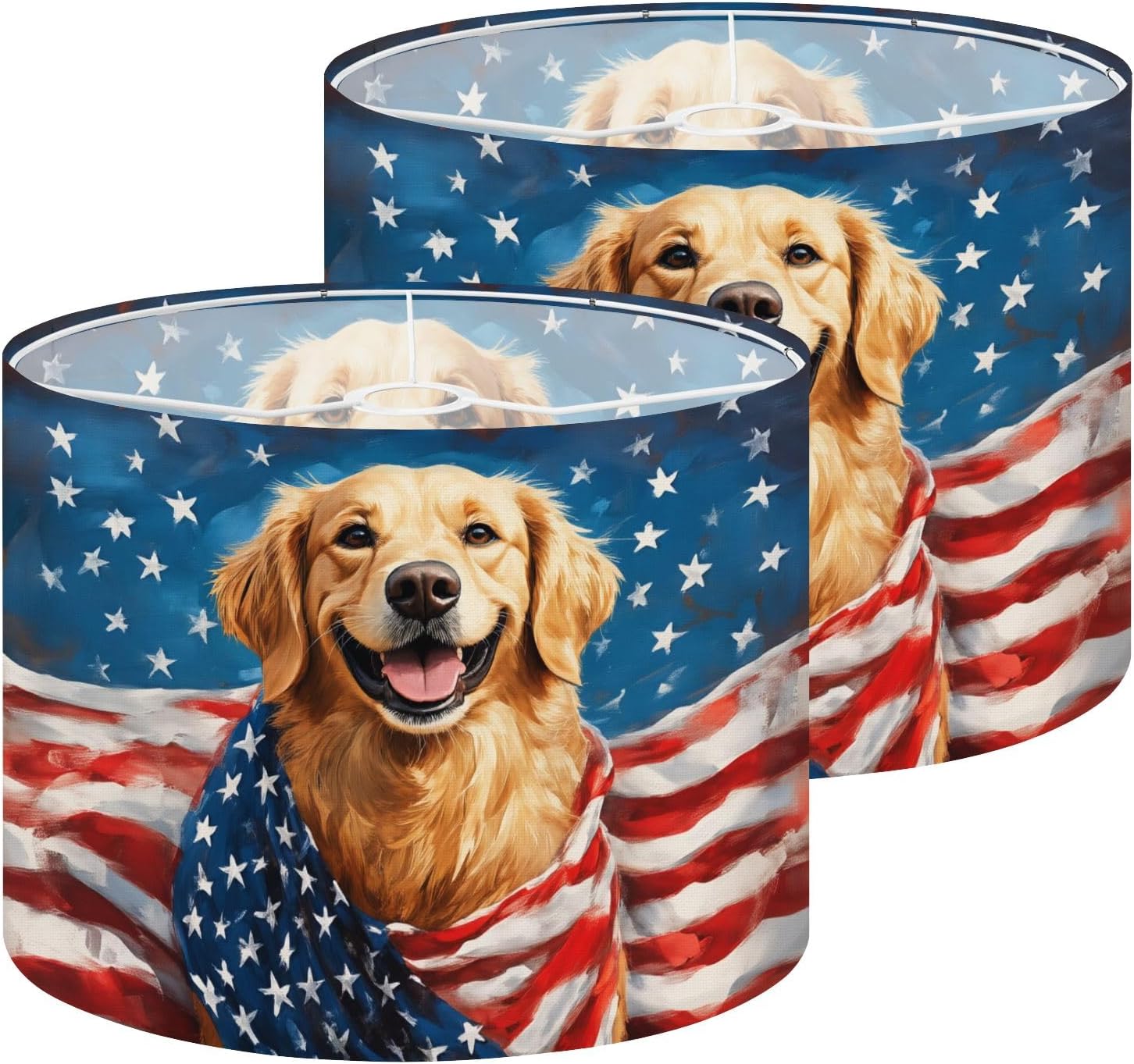 Lamp Shades Set of 2 Golden Retriever Dog Wrapped American Flag Stars Stripes Drum Lampshades for Floor Lamps Table Lamps Large Replacement Linen Lamp Shade Easy Assembly 13"x13"x10"