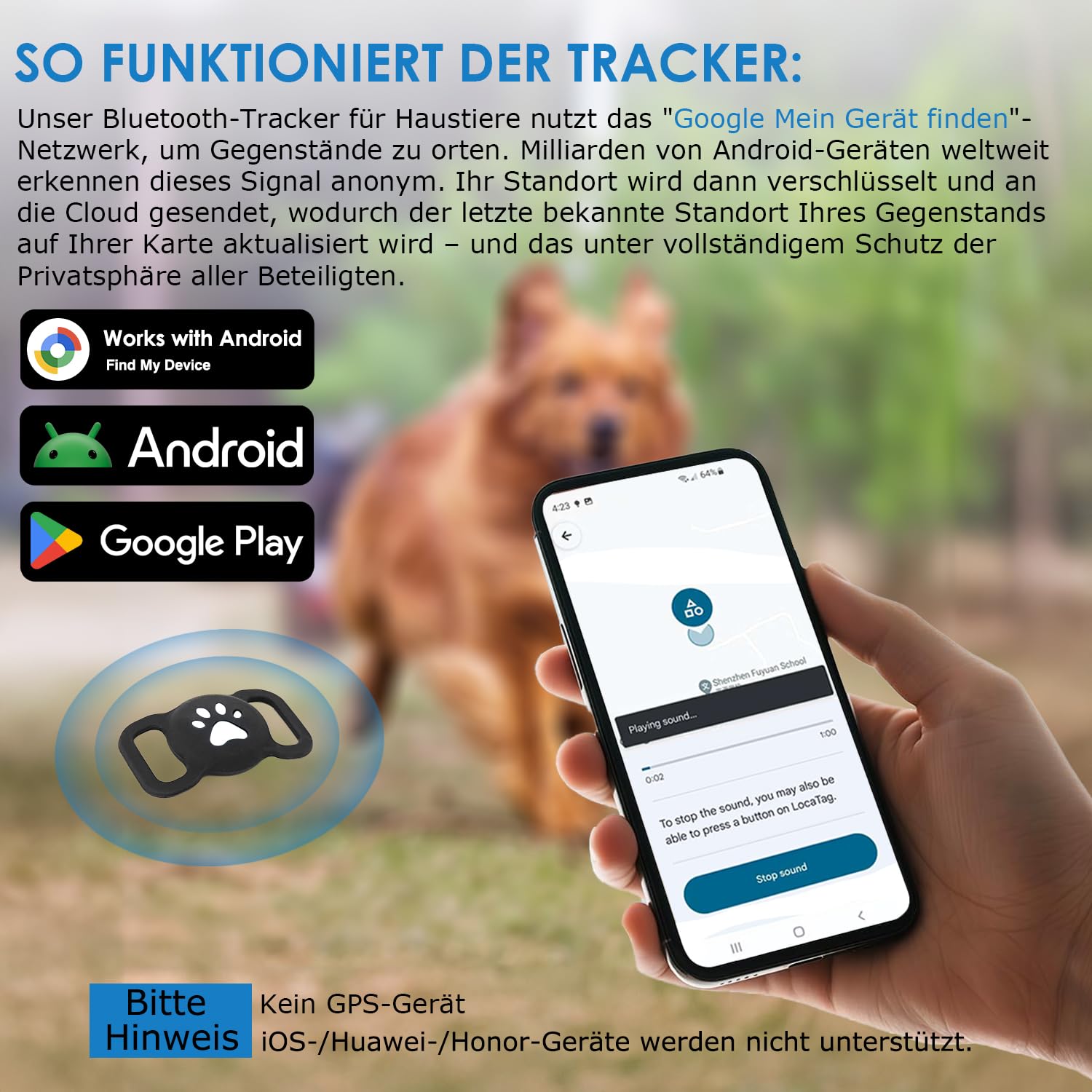 Haustier-Tracker für Android-Handys mit Halsbandhülle, Bluetooth-Tracker, austauschbare Batterie, IP68 wasserdicht für Hunde/Katzen, kompatibel mit Google Find Hub (nur Android, kein GPS), 1 Stück