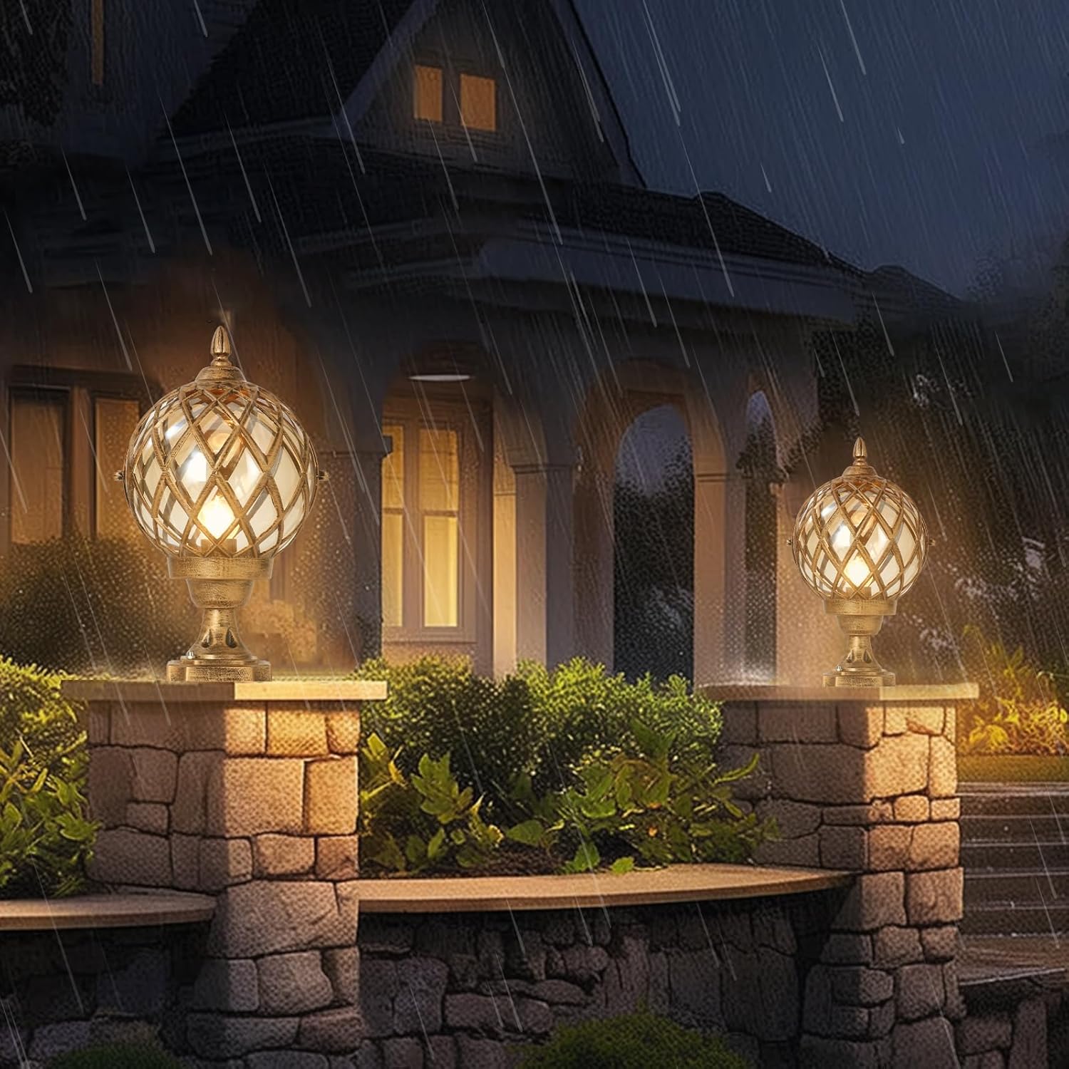 Outdoor Column Lights - IP65 Waterproof External Landscape Pedestal Post Lamp Fixtures Stainless Steel Fence Street Lighting Outdoor Vintage LED Globe Pillar Lights