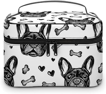 Large Travel Makeup Bag Organizer - Leather Travel Black French Bulldog Print Cosmetic Toiletry Bag for Women, Nail Skincare Makeup Case Organizer with Compartments Brush Storage And Handle