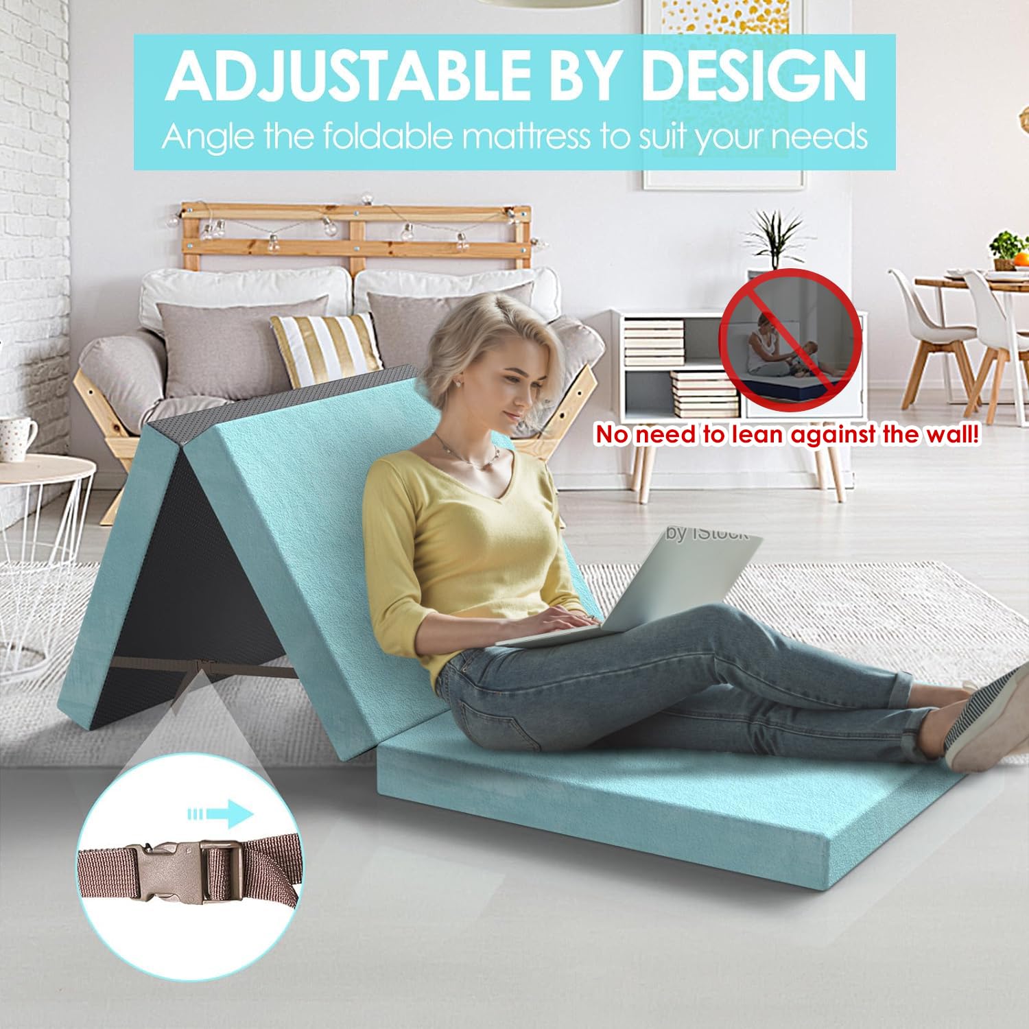 DESQUE Trifold Mattress, Single Foldable Floor Mattress 3 inch Memory Foam with Washable Cover Non-Slip Bottom, Tri Folding Bed Topper for Guest & Travel, Blue (75