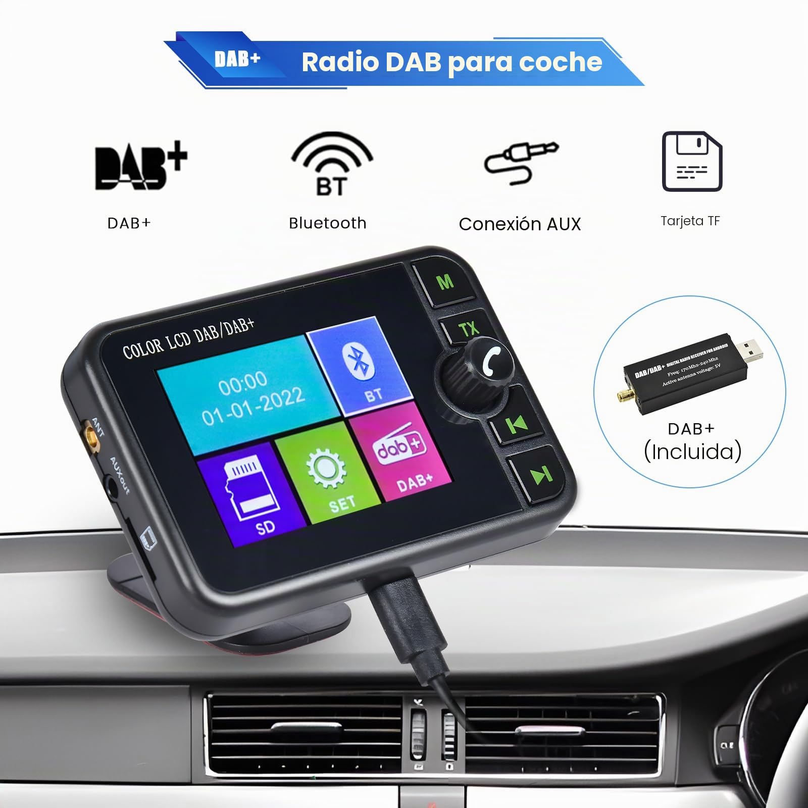 Adaptador de Radio Dab+Digital para Manos Libres Bluetooth | 2.4" LCD Pantalla AUX Tarjeta TF Manos Libres Digital Audio Adaptador