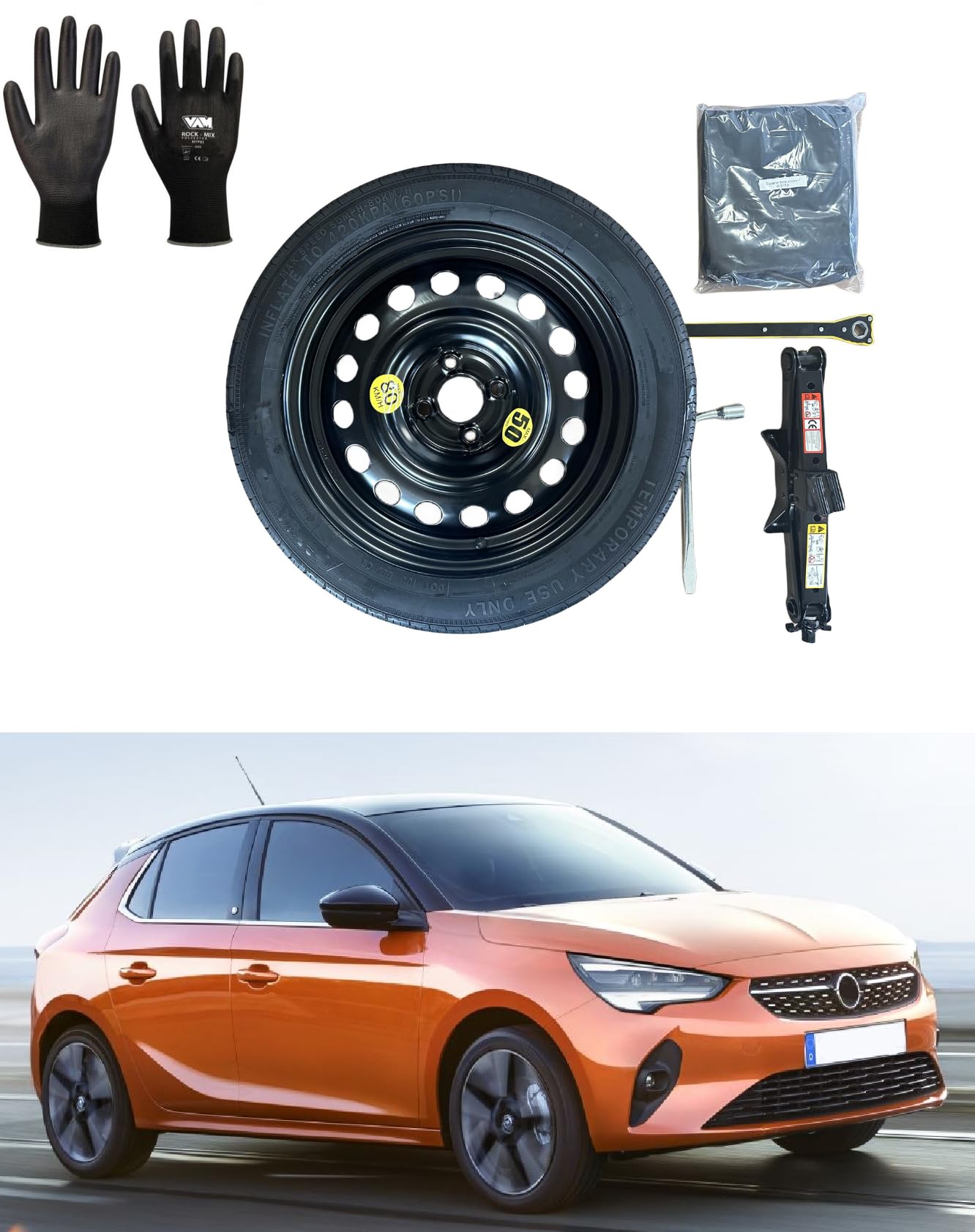 Kit rueda de repuesto de 16" 125/80R16 compatible con PEUGEOT 208, CITROEN C3, OPEL CORSA F con gatA, llave y funda