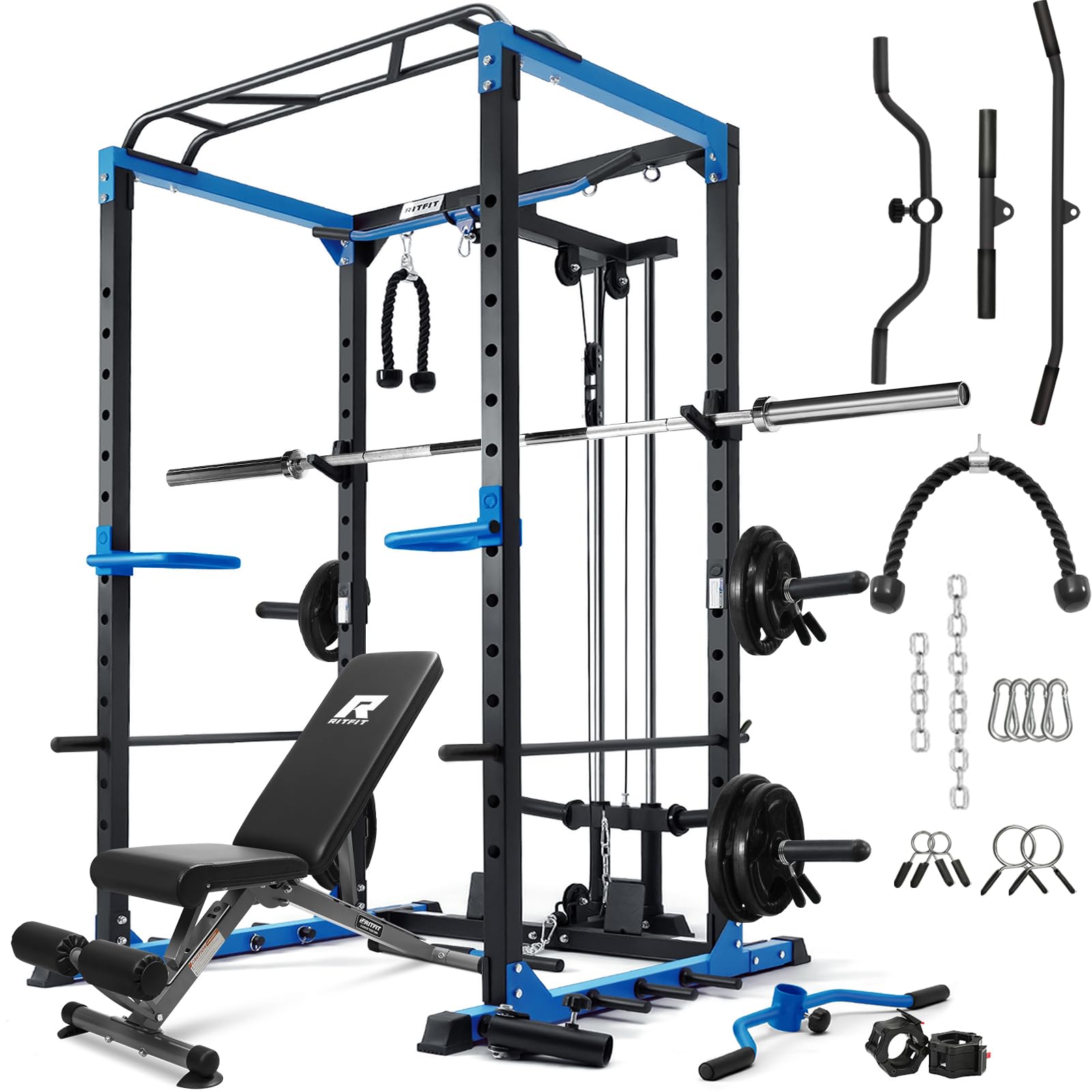 RitFitAll-in-One Squat Rack for Home Gym, PPC02C Multi-Function 1000 LBS Capacity Power Cage with LAT Pulldown, Pulley System, Dip Bar, Landmine & More Power Rack Attachments, Package