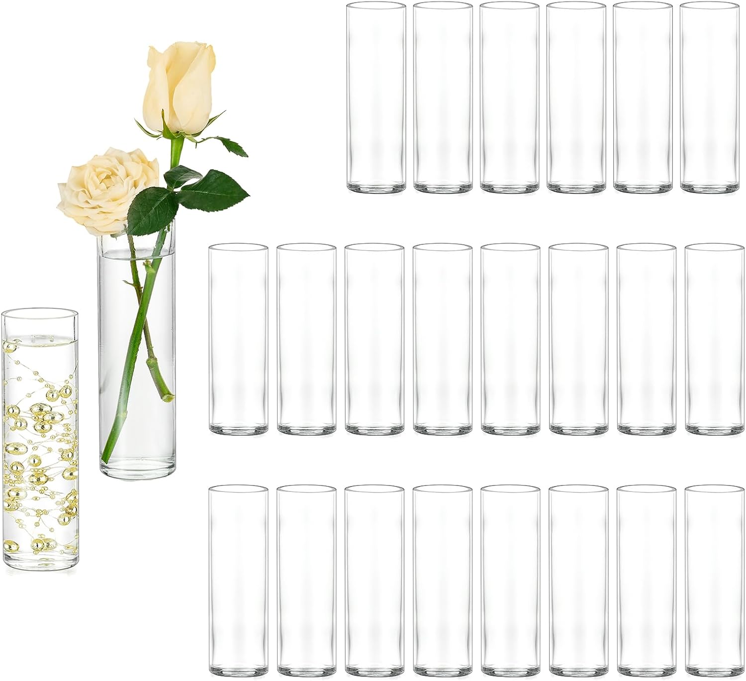 Hewory Cylinder Glass Bud Vases: Set of 24 Small Clear Skinny Single Flower Vase for Centerpieces - Minimalist Tall Decorative Bulk Vases for Wedding Birthday Bridal Shower Party Events Table Decor 24 Clear