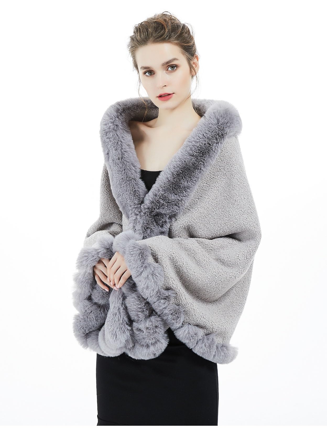 Beautelicate Women's Gray Faux Fur Shawl Winter Wedding Wraps Bridal Stole Bridesmaids Shrug Lamb Wool Cape Fancy Dress Gatsby Custume(One Size, )
