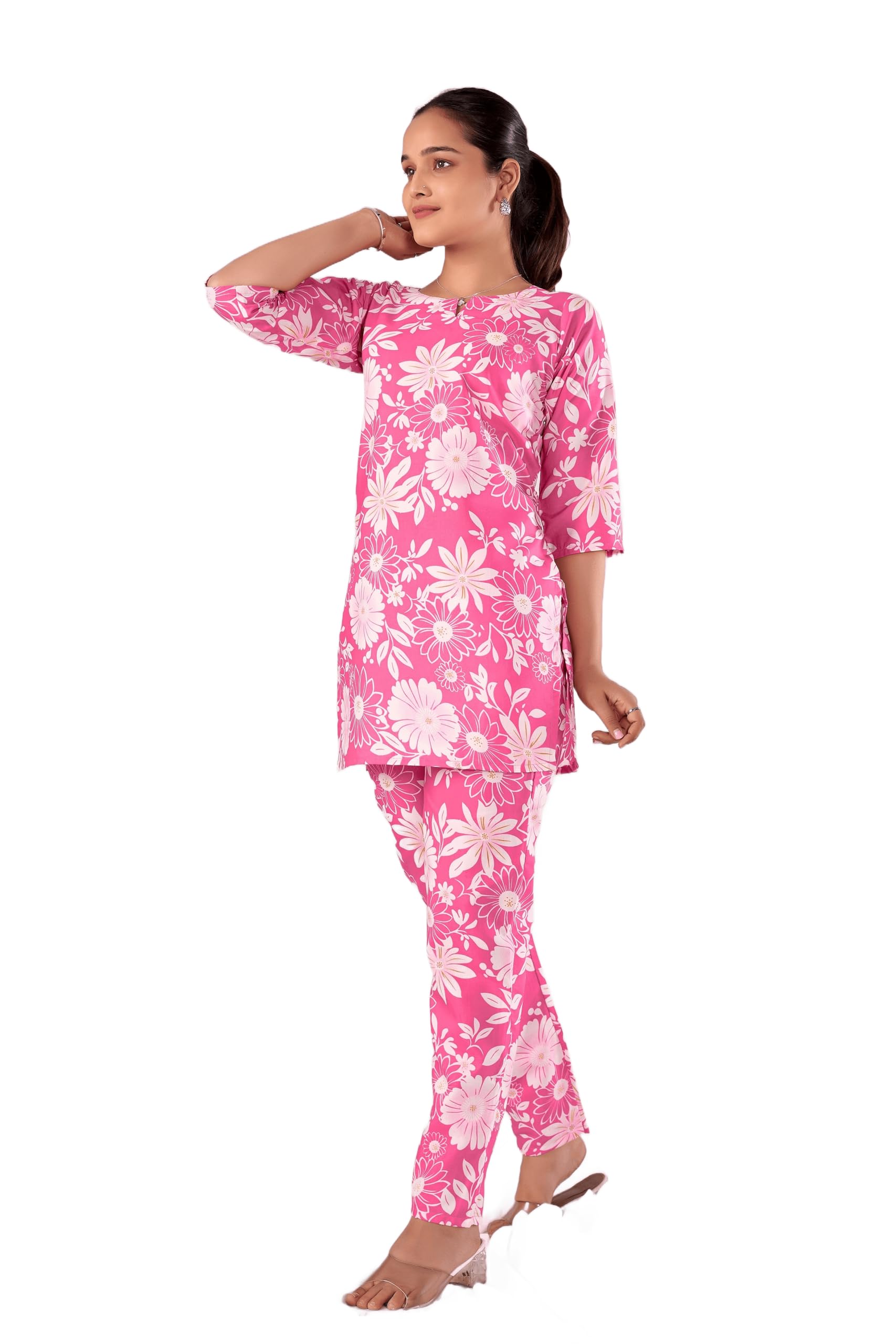 msretail MSRETAILWomen Floral Printed Tunic Pant Co OrdsSet | PremiumSummerWear Casual Outfit for Ladies | Breathable Fabric Matching Top and BottomSet Pink Large-picture-49