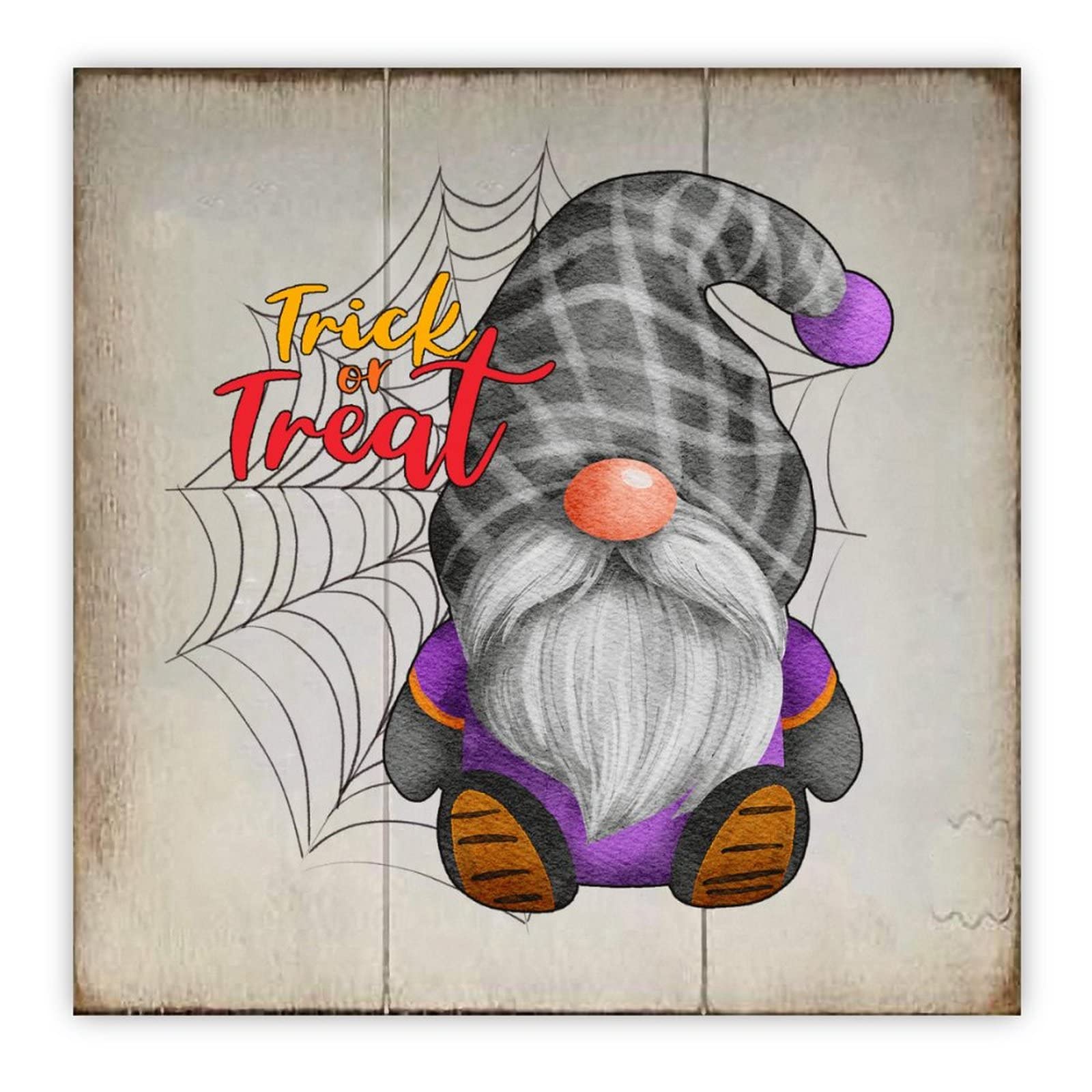 Plaque en bois Halloween Trick or Treat 30cm avec motif nain et toile d'araignée pour mur