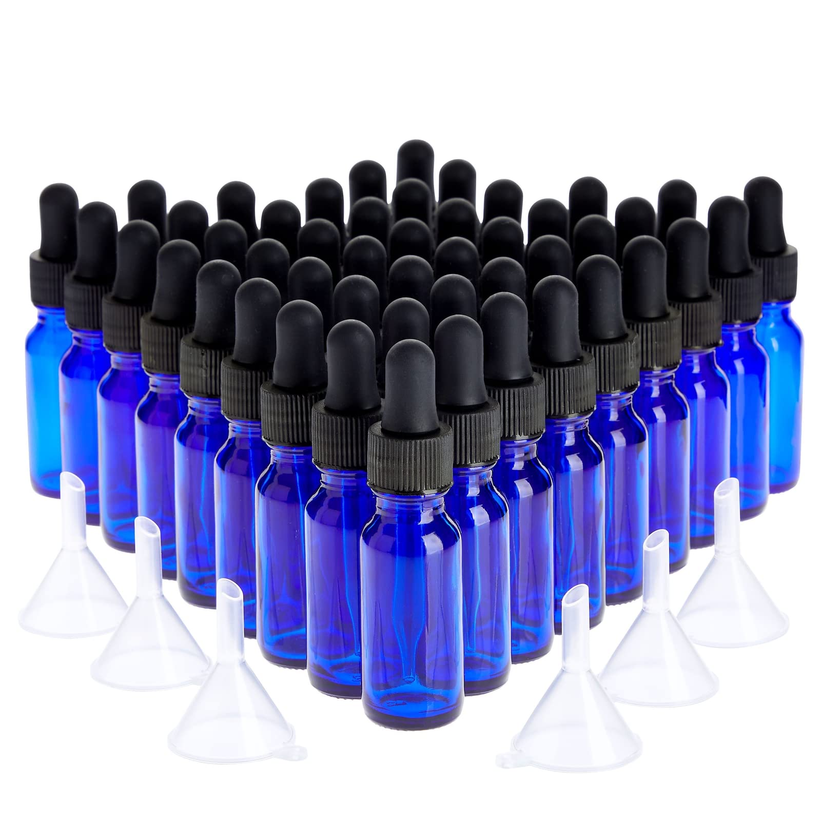 Juvale 48 botellas cuentagotas de vidrio azul de 0.5 onzas y 6 embudos (15 ml, 54 piezas)