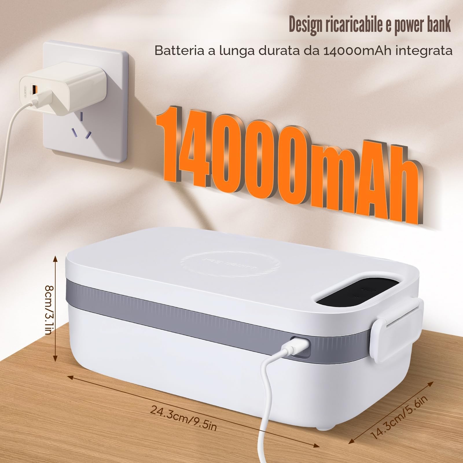 Lunch box riscaldato elettrico da 1 litro con batteria da 14000 mAh - Lunch box isolato tramite USB con riscaldamento automatico, contenitore in acciaio inossidabile 304, ideale per ufficio