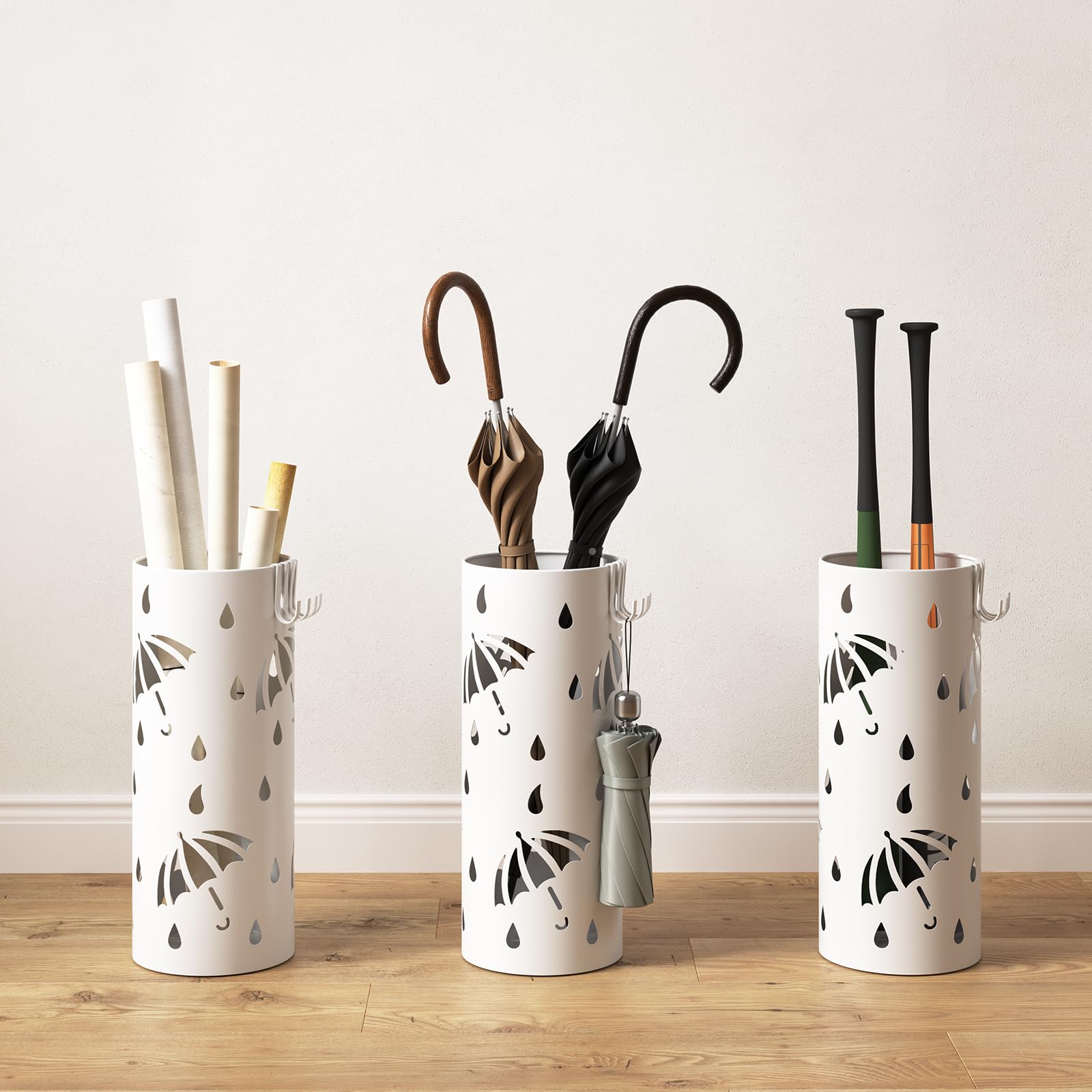 WOLTU Paragüero de Diseño Redondo Soporte Paraguas con Ganchos y Plato de Plastico, Bandeja Recogegotas 20x 49 cm Blanco SST01ws