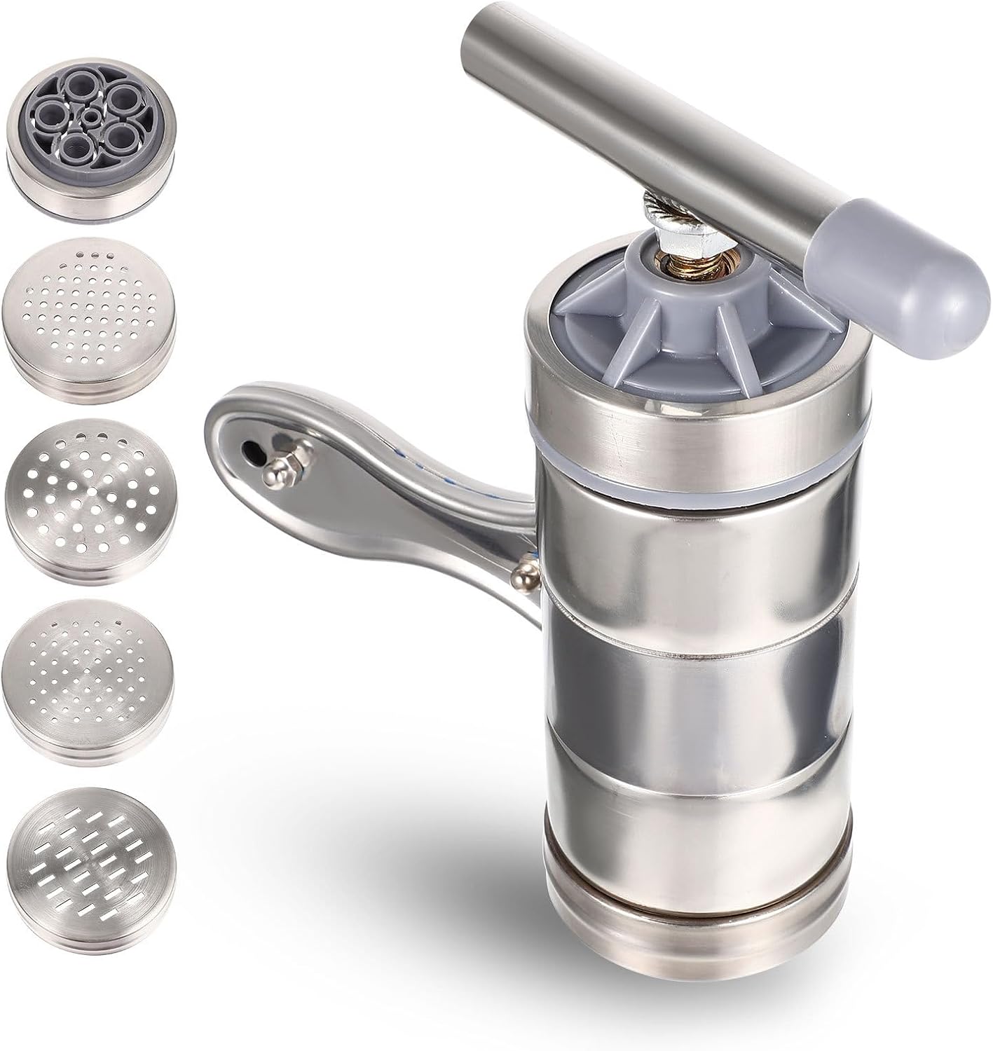 Manual Stainless Steel Noodle Maker Pasta Machine with 5 Molds, Hand-cranked Press for Home Kitchen, Multi-function Dough Roller Suitable for Homemade Pasta and Noodle Making