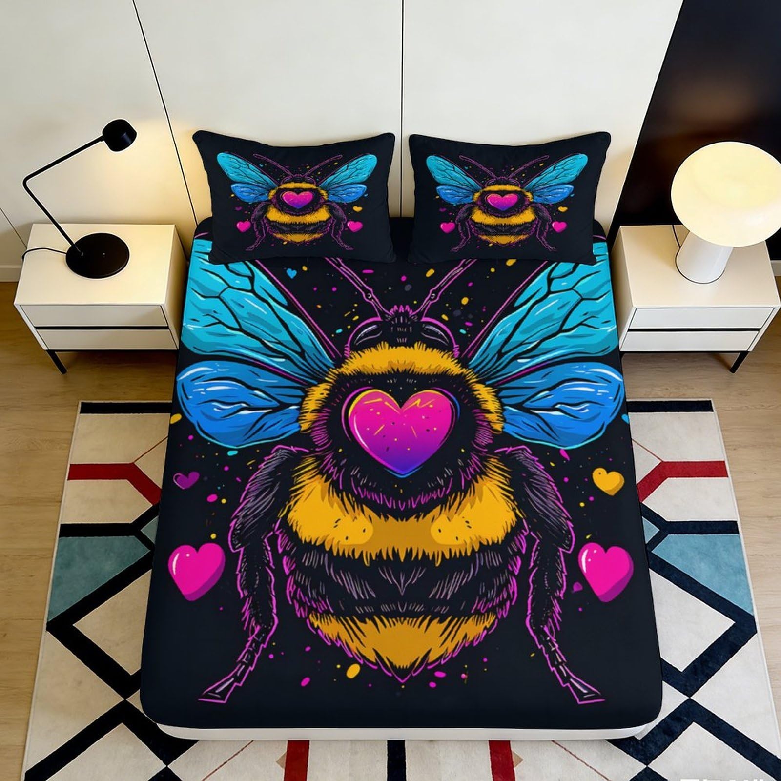 3D Printed Bee Heart Fitted Sheet Microfiber Vibrant Bed Cover for Bedroom Dorm Mattress Protection Decor 90x200x25cm